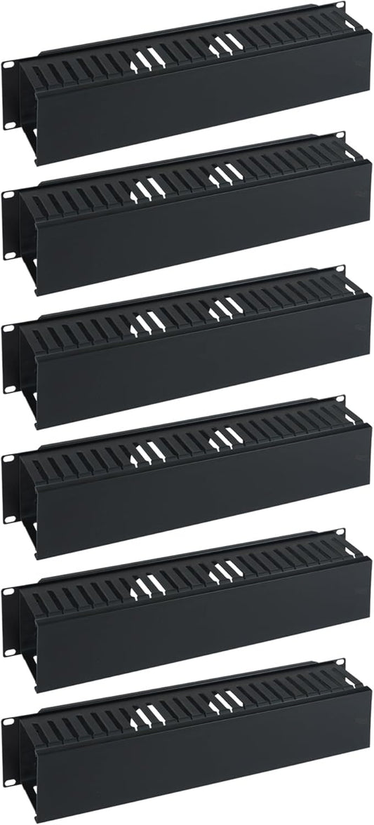 ICC 2U Finger Duct Cable Manager Panel with Cover, Plastic with Metal Back Frame, 3" Depth, Horizontal Cable Management, Rackmount for 19” Network Racks, Black, 6-Pack