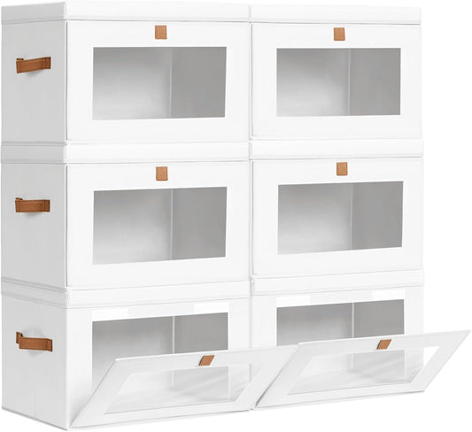 Large Clothing Storage Bins - Collapsible Boxes with Handles & Window, Decorative Organizer Bins with Lids, Fabric Containers for Living Room, Dorm, 6 Pack, White
