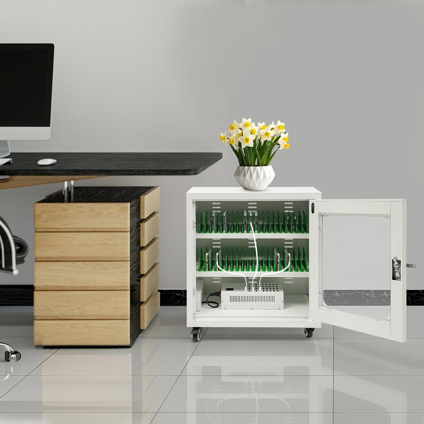 Mobile Phone Charging Cabinet 40-Port Charge Station with 4 Universal Wheels (2 Brakes) & Visible Door 40 Device Charging Cart Mobile Charge Station for Cell Phones Less Than 8'' In Size(White)