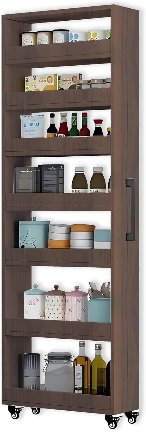 7-Tier Slim Storage Cart, Wooden Rolling Pantry Cabinet with Wheels, Narrow Shelf Organizer for Kitchen, Bakers Rack, Dining Room, Closet, Small Spaces Gray 73.2" H*7.8" W*23.6" D