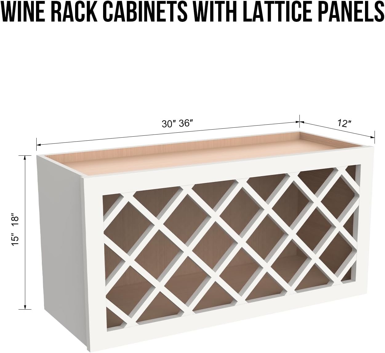 Solid Wood RTA Wine Bottle Rack Wall Cabinet with Lattice Panels and Wine Storage - Mocha (Origami White, 36'W 12'D 18'H) for Bar, Pantry, Cellar, Countertop