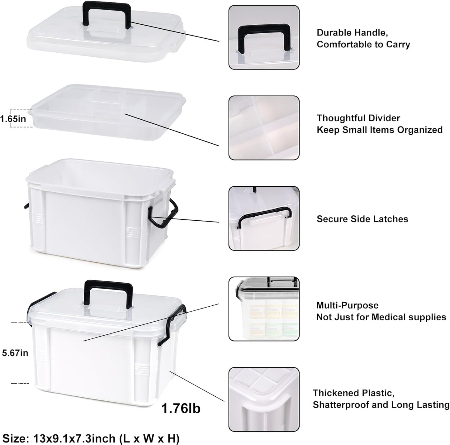 15qt White Medicine Organizer Storage Box with Tray, Plastic First Aid Box Empty, Thickened Medicine Container Chest, Multipurpose Medical Case with Labels, Medicine Caddy with Lids Handles