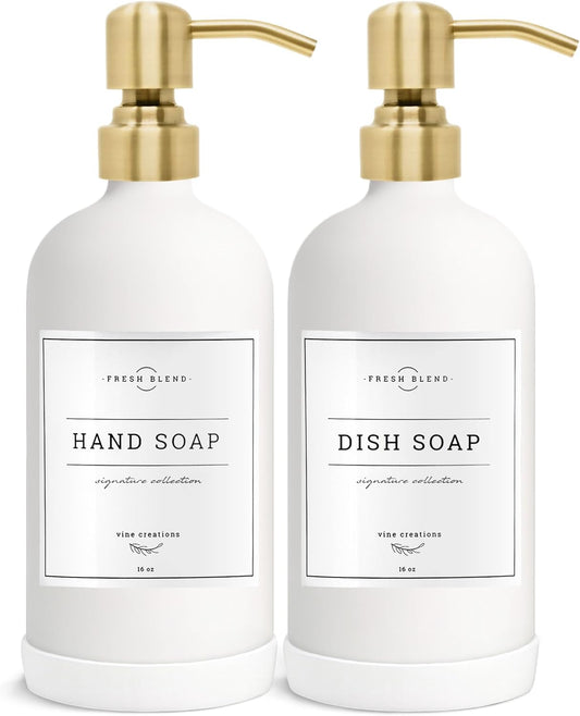 Vine Creations White Glass Soap Dispenser, 2 Pack Kitchen Soap Dispenser Set with Stainless Steel Pump, 16 oz Dish Soap and Hand Soap Dispensers for Bathroom with Waterproof Labels
