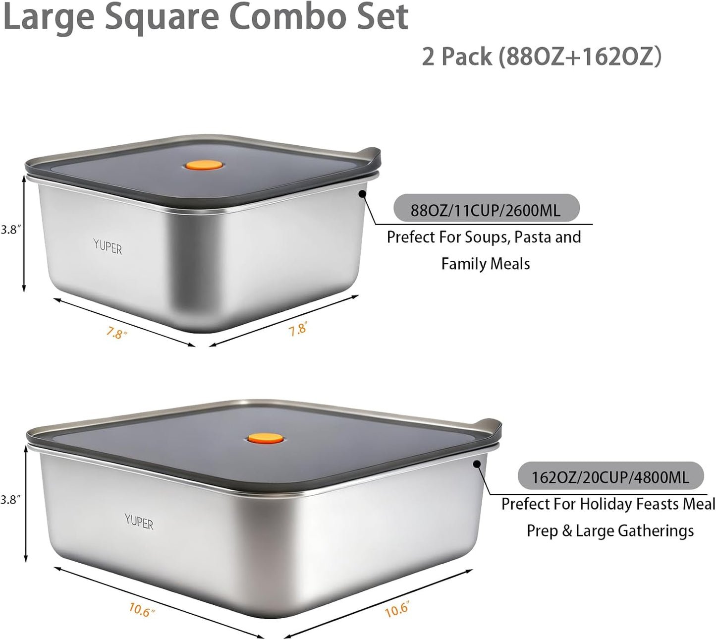 YUPER Stainless Steel Food Containers, Meal Prep Containers, Bacon Cheese Container for Refrigerator, Stainless Steel Containers with Lids Fruit Lunch Storage, 2 Pack (88+162OZ)