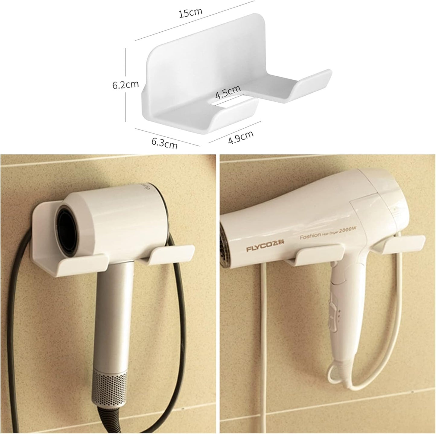 Universal Hair Dryer Holder, Self Adhesive Wall Mount Stand for Most Brand/Size Hair Blow Dryer Hair Dryer Organizer Rack with Plug&Wire Hook for Bathroom