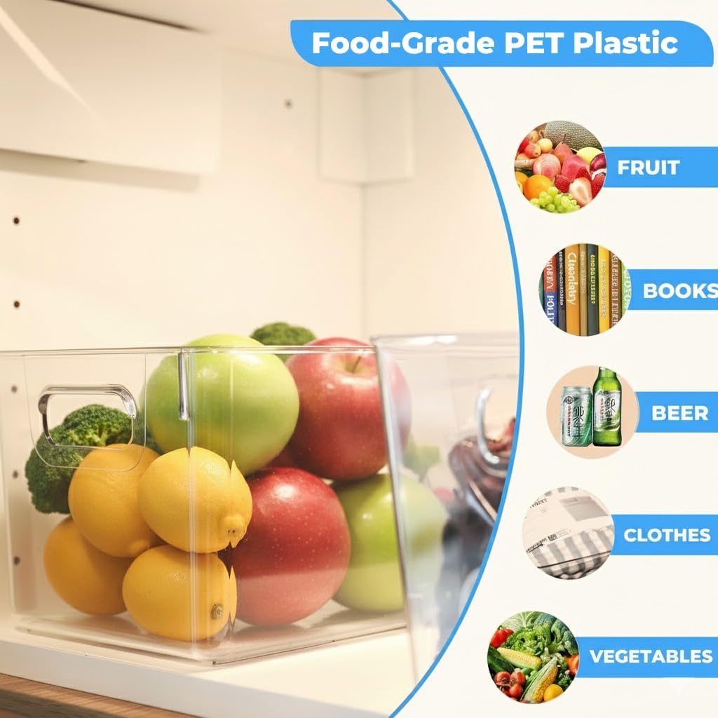 MOONEDGE Open Clear Plastic Storage Bins Stackable Organizer Containers with Handles for Kitchen, Pantry, Fridge, Cabinet, Closet Storage & Home Organization 8 Pack（11 x 8 x 6 in）