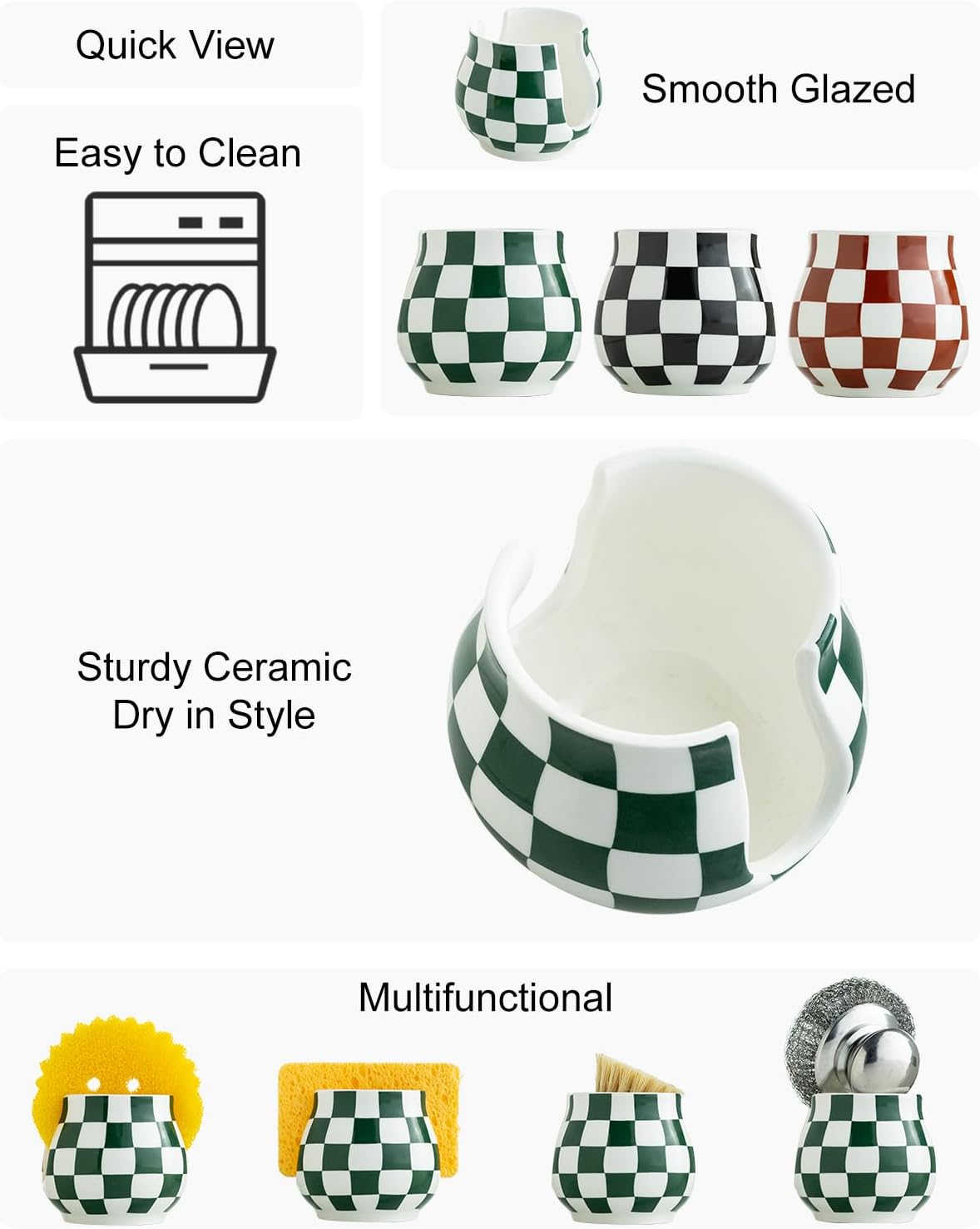 Kitchen Sponge Holder, Ceramic Sponge Organizer Checkered Scrubby Holder Sink Caddy Scrub Dish Rack for Kitchen, Bathroom, Sink, Christmas Decor, Green and White