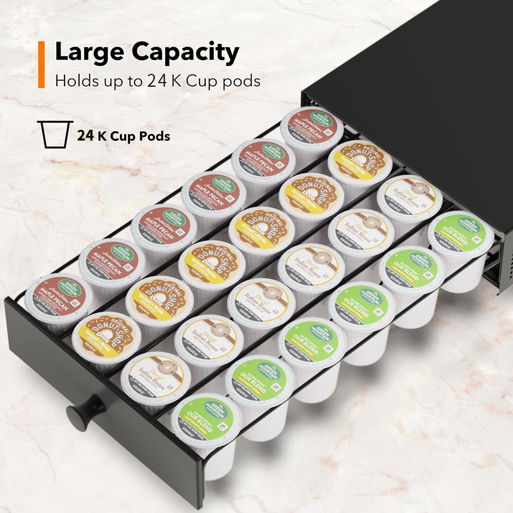 SICHEER K Cup Organization Storage Drawer Maker K Cup Holder Sliding Tray Pull out Coffee Pod Organizer Rolling Stand Countertop Maker Stand Rack Capsules Compatible with Keurig Accessories 24 Pods