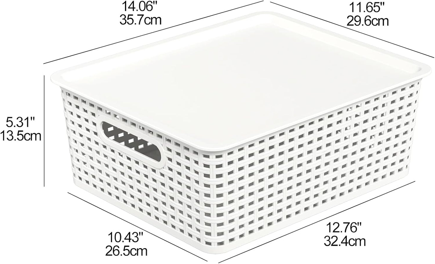 Hespama 6-Pack Plastic Weave Storage Basket with Lid, Stackable Organizer Basket, White