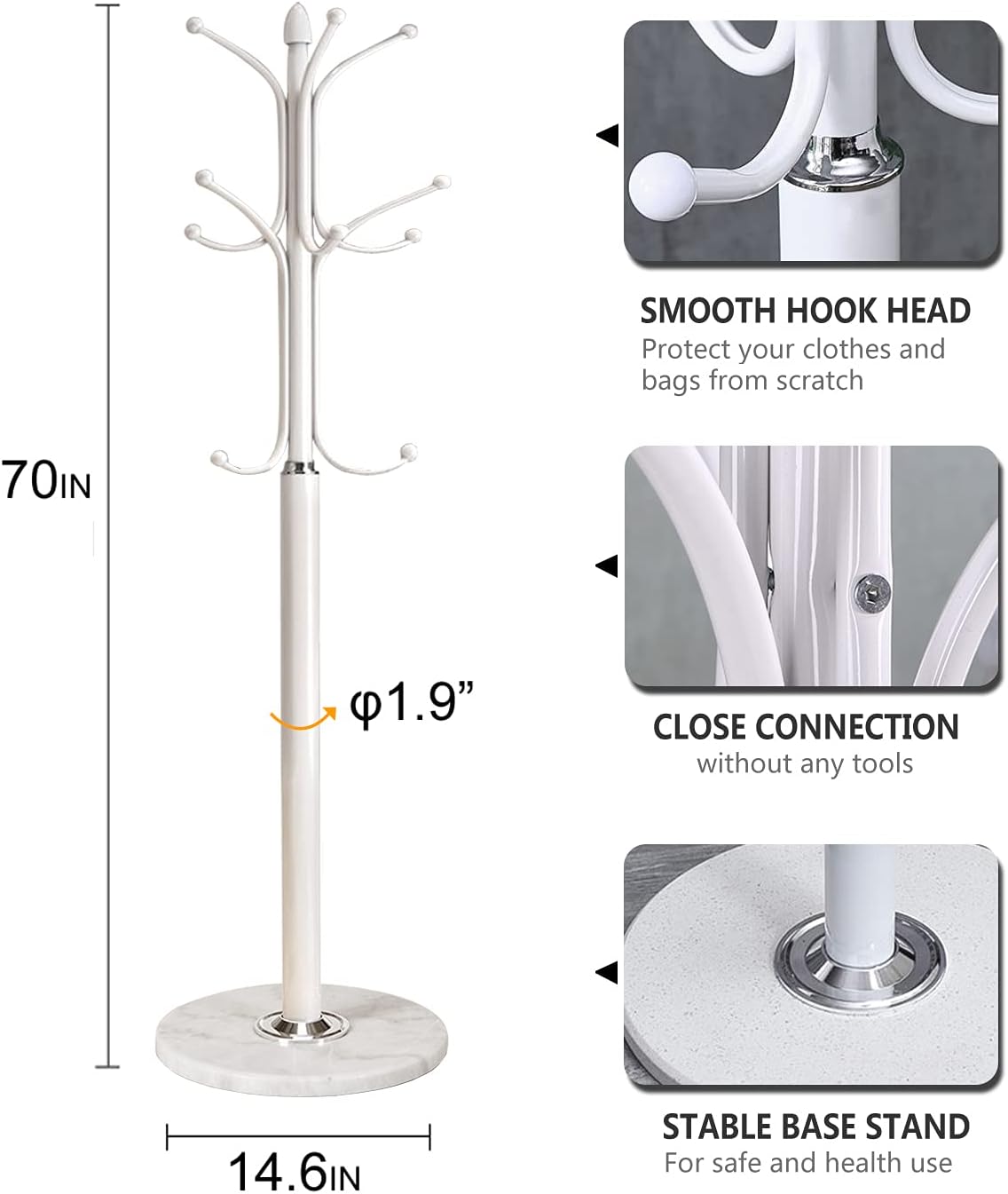 Kertnic Metal Coat Rack Stand with Natural Marble Base, Free Standing Hall Tree with 12 Hooks for Hanging Scarf, Bag, Jacket, Home Entry-way Hat Hanger Organizer (White)