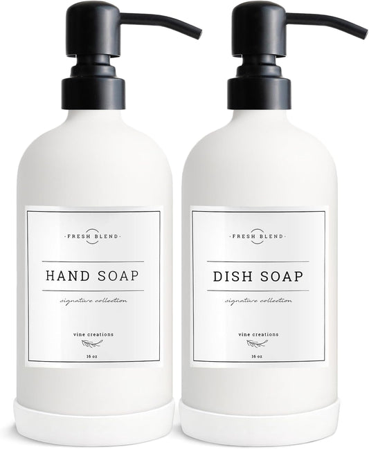 Vine Creations White Glass Soap Dispenser, 2 Pack Kitchen Soap Dispenser Set with Stainless Steel Pump, 16 oz Dish Soap and Hand Soap Dispensers for Bathroom with Waterproof Labels