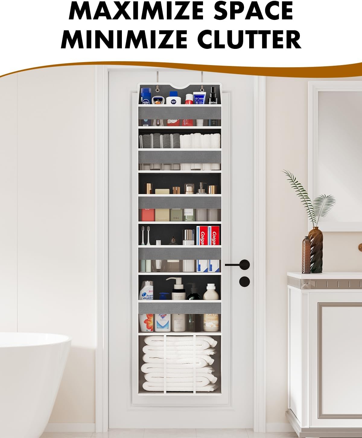 Over The Door Organizer with 6 Large Clear Pockets 12 Mesh Side Pockets - 50LB Heavy Duty Behind Door Storage, Door Hanging Storage for Closet Bathroom Pantry Nursery Laundry