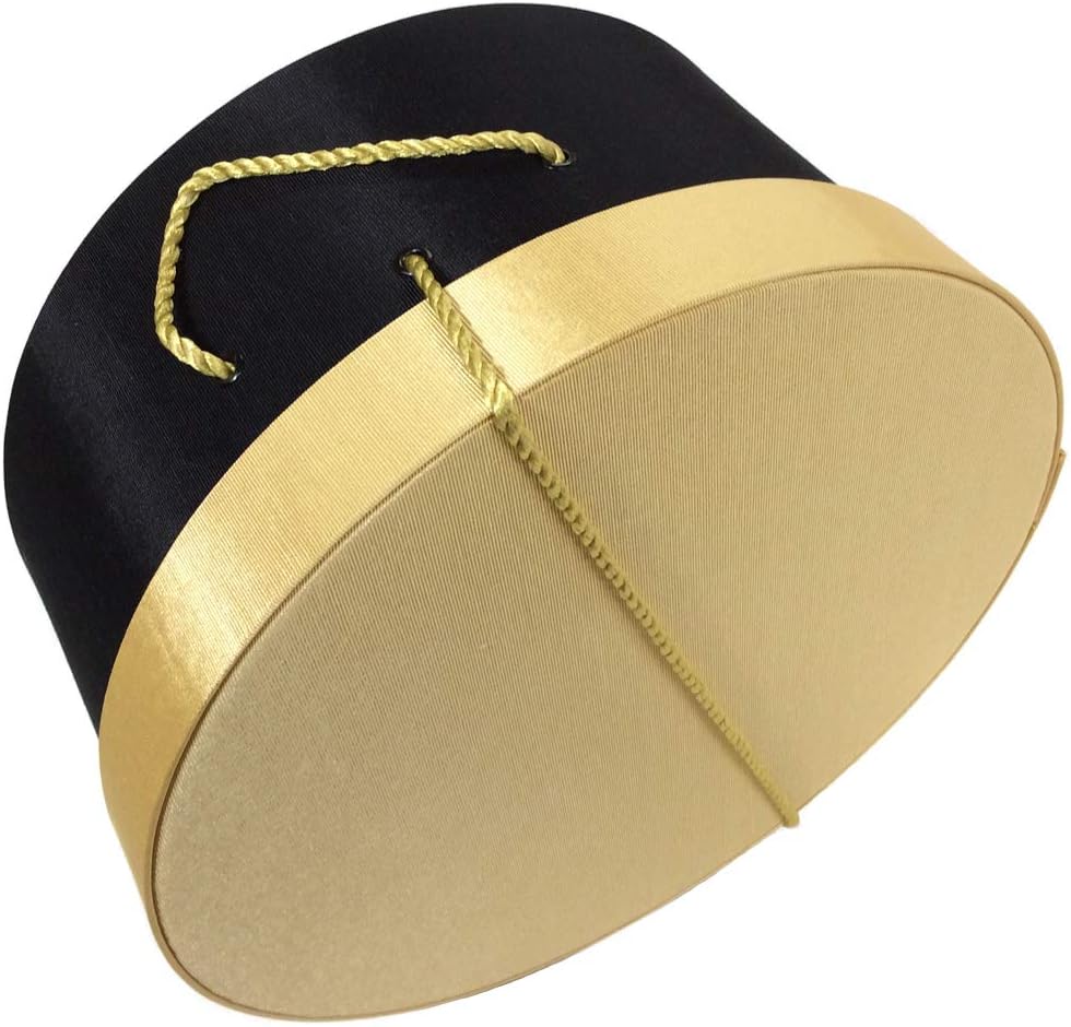 Sarah's Hat Boxes Classic Black/Gold Hat Box – 12.75" x 6.5" (Dia. x Ht.) Handmade in USA – Odorless Non-Toxic Adhesive, Cording Handle – Premium Storage for Hats & Accessories