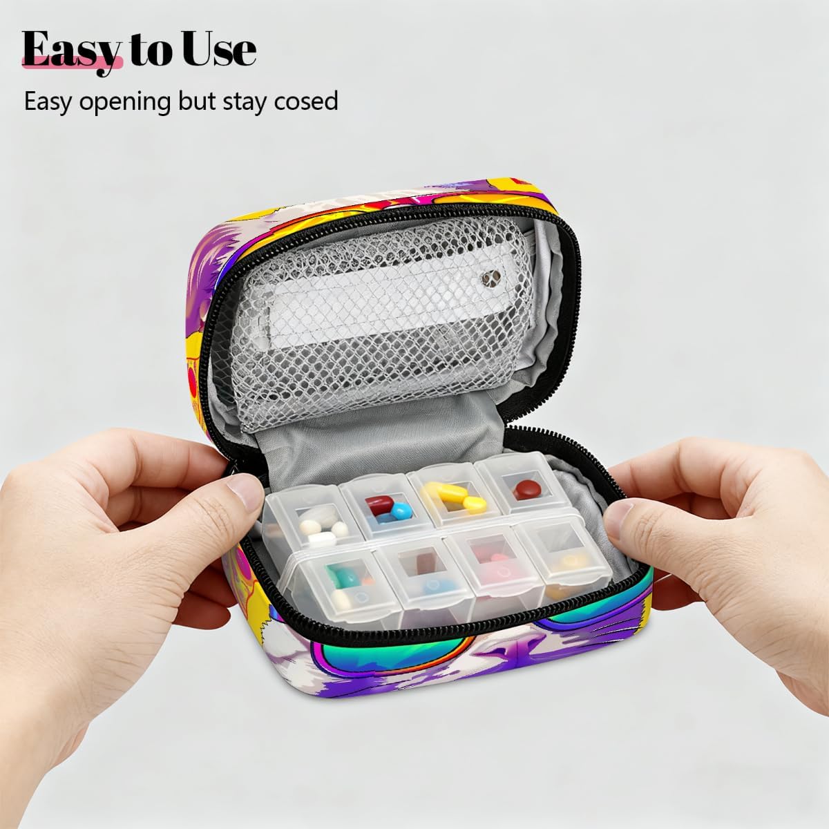 Sunglasses Cat Pizza Pattern Pill Organizer Travel Medicine Case with Zipper Daily Vitamin Storage Bag Portable 8 Slot Weekly Pill Box Supplement Holder for Home Office Gym Travel
