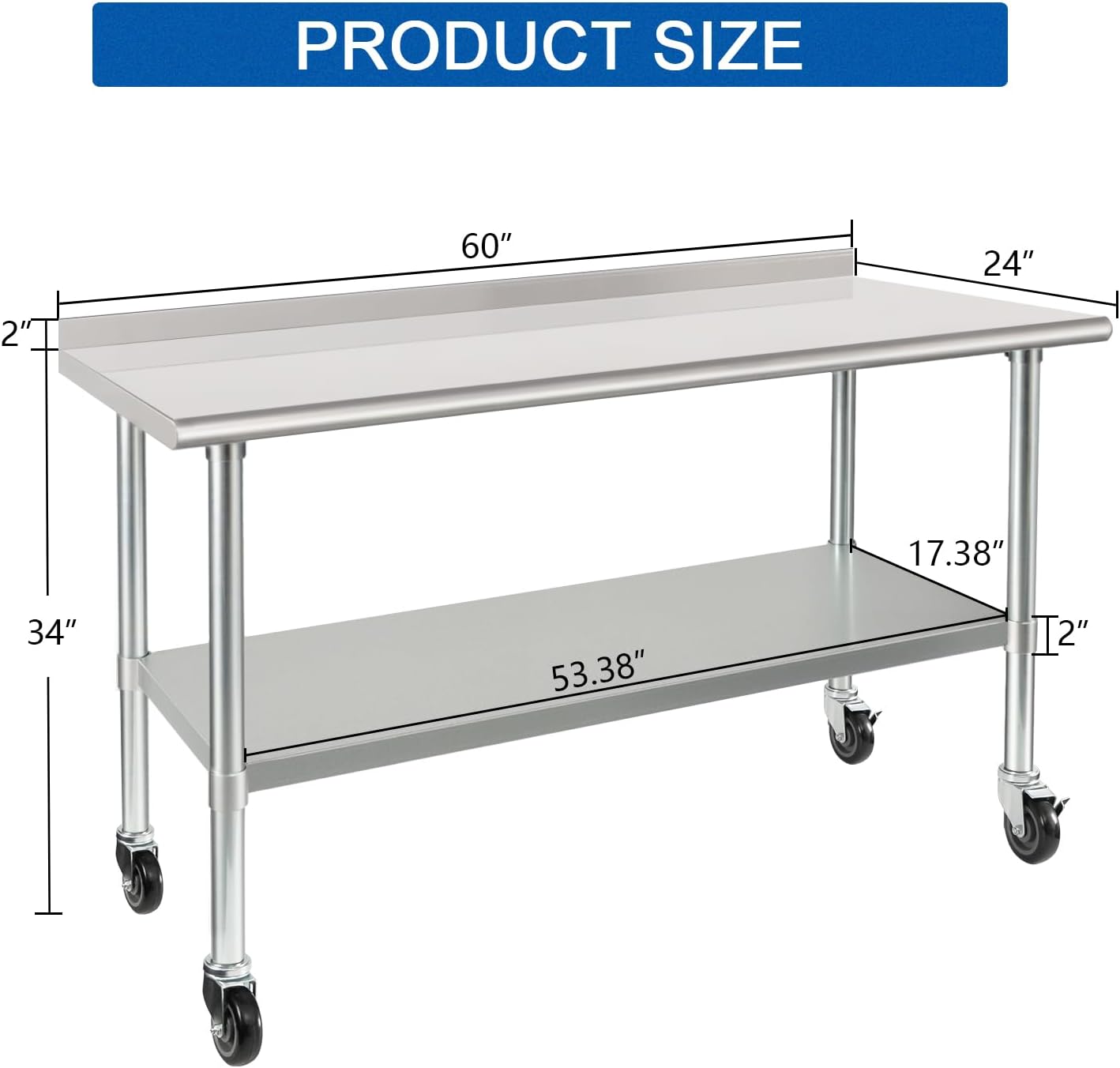 HARDURA Stainless Steel Table 24 x 60 Inches with Wheels Casters NSF Heavy Duty Commercial Prep Table with 2” Backsplash and Adjustable Undershelf for Restaurant Kitchen Home and Hotel