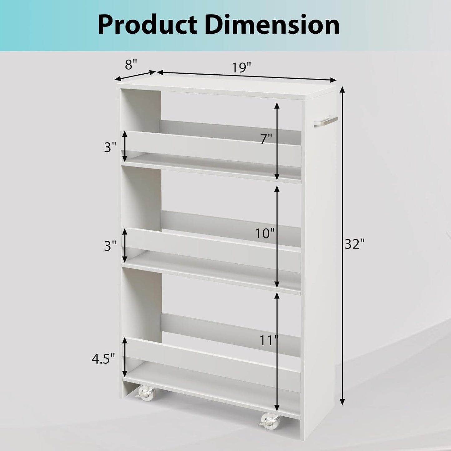 POWERSTONE 4-Tier Slim Storage Cart, Narrow Kitchen Rolling Cart w/Handle & Open Shelves, Skinny Slide Out Utility Organizer Trolley for Kitchen Bathroom Laundry Small Spaces White