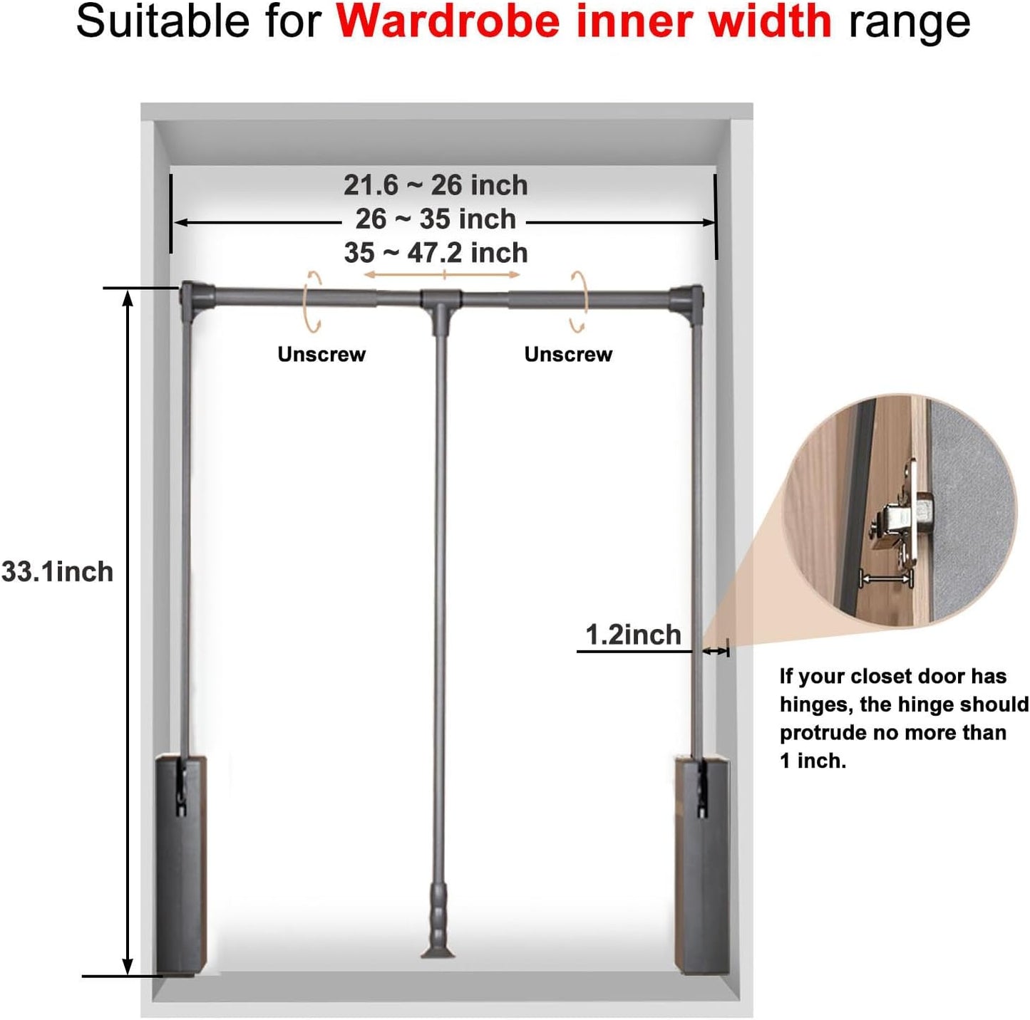 Pull Down Closet Rod for Hanging Clothes, Retractable Wardrobe Hanger for Cabinet Inside Width 35"~47.2", Aluminium alloy Tubing with Plastic Housing, 44 lb Weight Rating