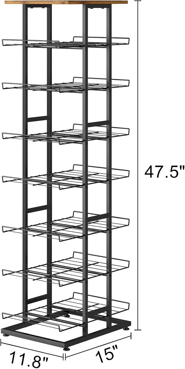 GILLAS 3 5 6 7 8 Tier Water Bottle Storage with Wooden Tabletop,Metal Beverage Can Rack,Large Capacity Bottled Rack Water Bottle Holder Stand for Cabinet,Countertop Kitchen,Party,Black