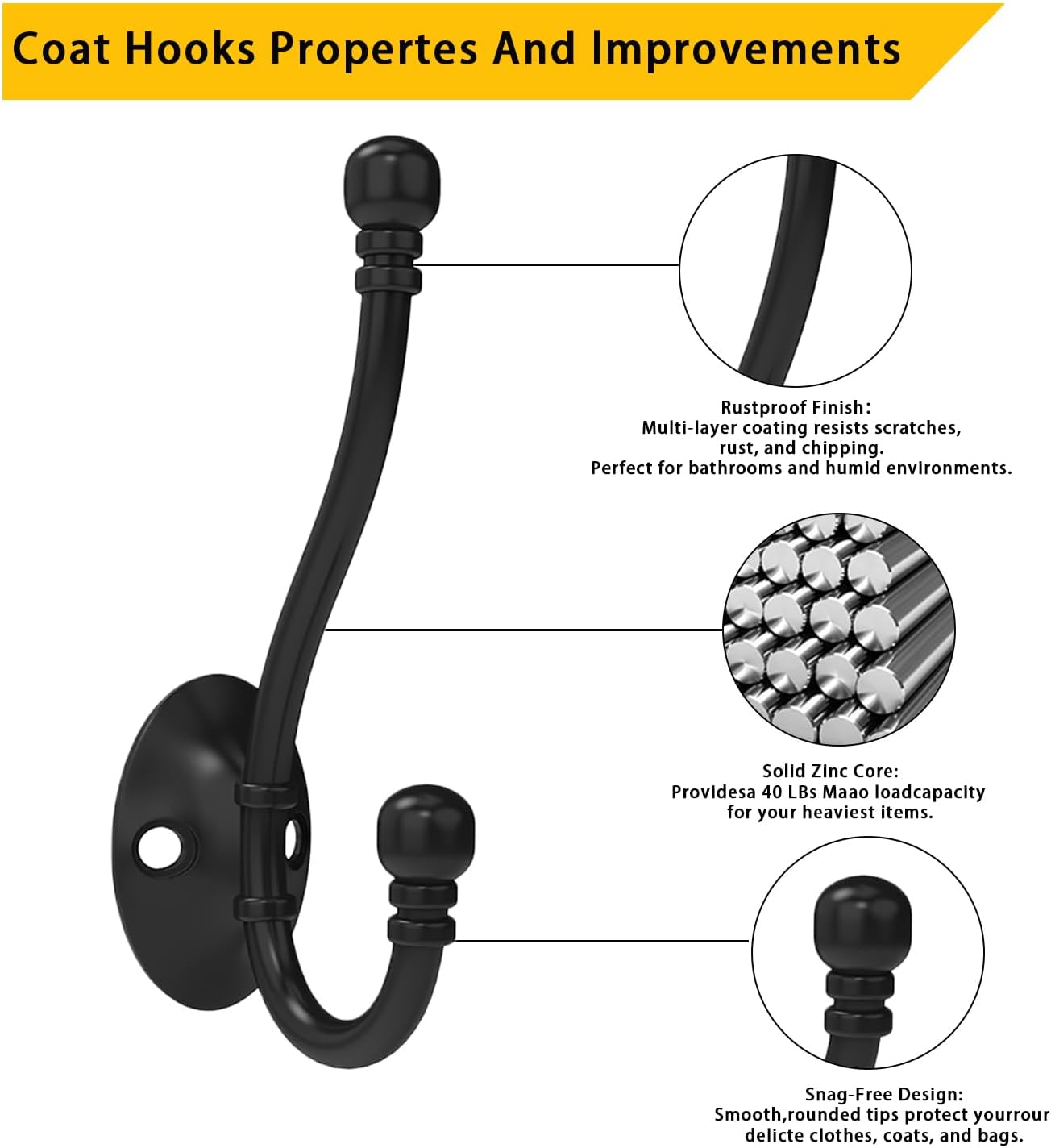 8 Pack Heavy Duty Wall Hooks for Hanging, Metal Coat Hooks Wall Mount, Easy to Install, Ideal for Living Room, Bathroom, Kitchen, Bedroom (Black)