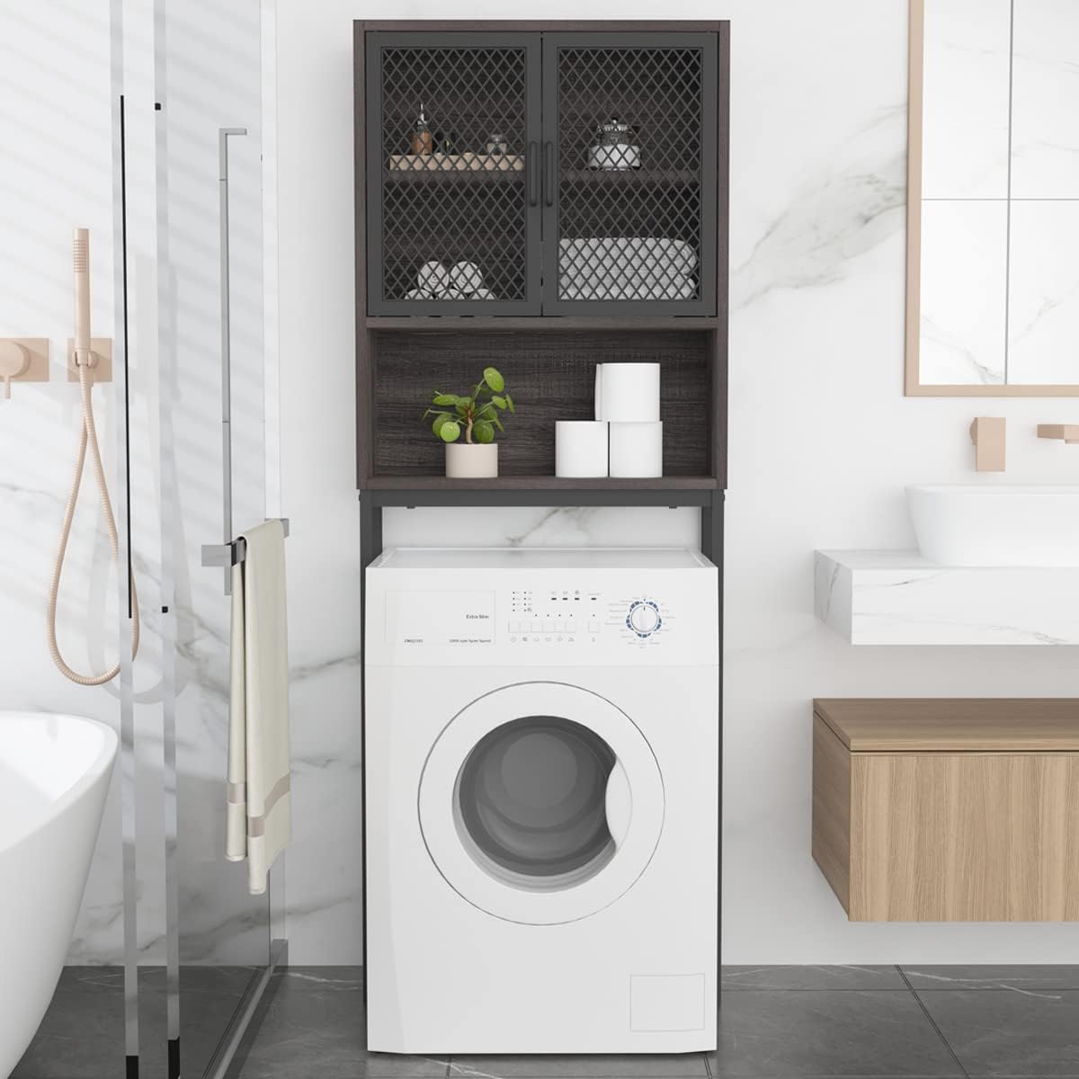 Launica Over The Toilet Storage Cabinet, Industrial Bathroom Organizer Above Toilet, Bathrooms Space Saver Stand with Shelf, Wood and Metal Freestanding Bathrooms Rack Behind The Toilet, Dark Gray Oak