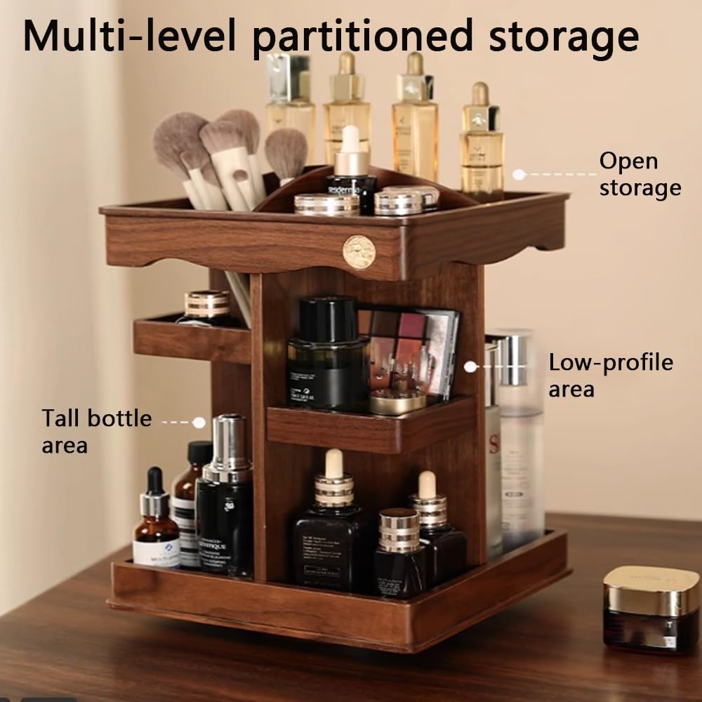 360° Rotating Makeup Organizer, Spining Adjustable Wooden Vanity Storage for Skincare, Perfume and Cosmetics for Countertop Organizer for Bathroom and Dresser