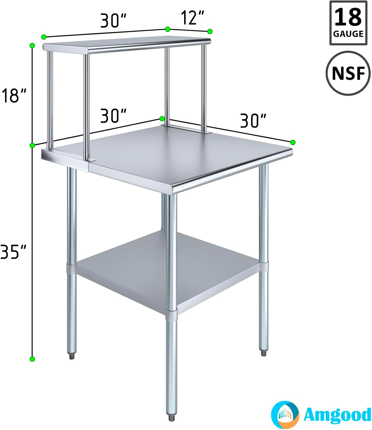 Stainless Steel Work Table with Wide Single Tier Overshelf | Metal Kitchen Prep Table & Shelving Combo (30" x 30" Work Table + 12" Overshelf)