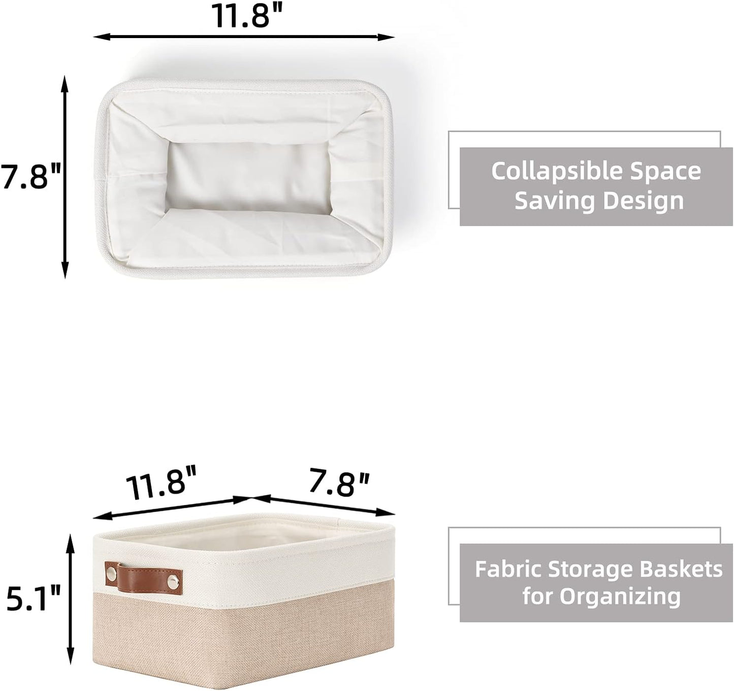 HNZIGE Small Fabric Baskets for Organizing(6 pack) Collapsible Storage Baskets for Shelves, Closets, Laundry, Nursery, Decorative Baskets for Gifts Empty (White&Beige, 11.8" x 7.8" x 5.1")