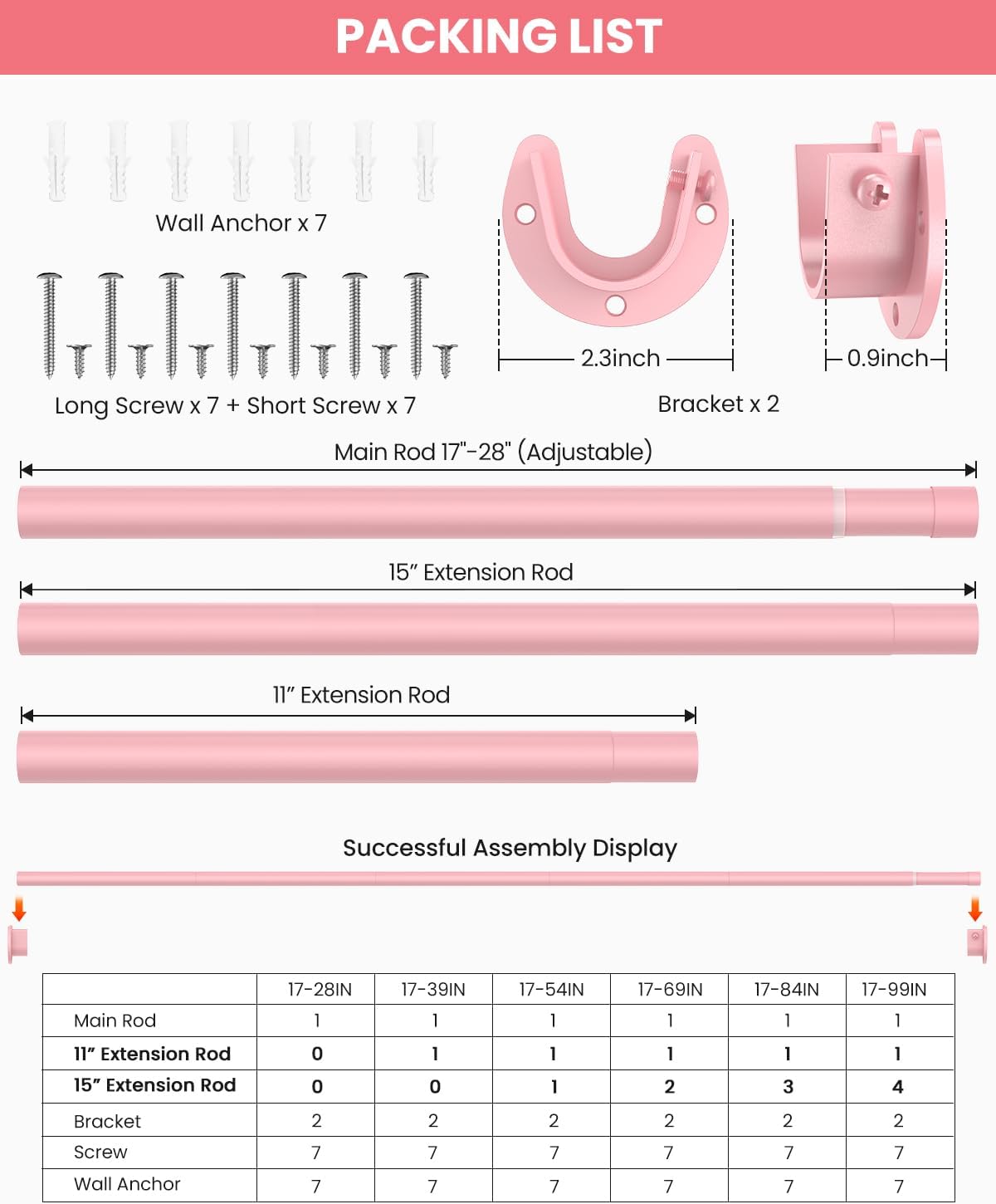 Closet Rods for Hanging Clothes, 17 to 99 Inches Stepless Adjustable Metal Closet Rod, 1.3 Inches Heavy Duty Clothes Hanging Rod for Closet Wardrobes Laundry RV, Pink