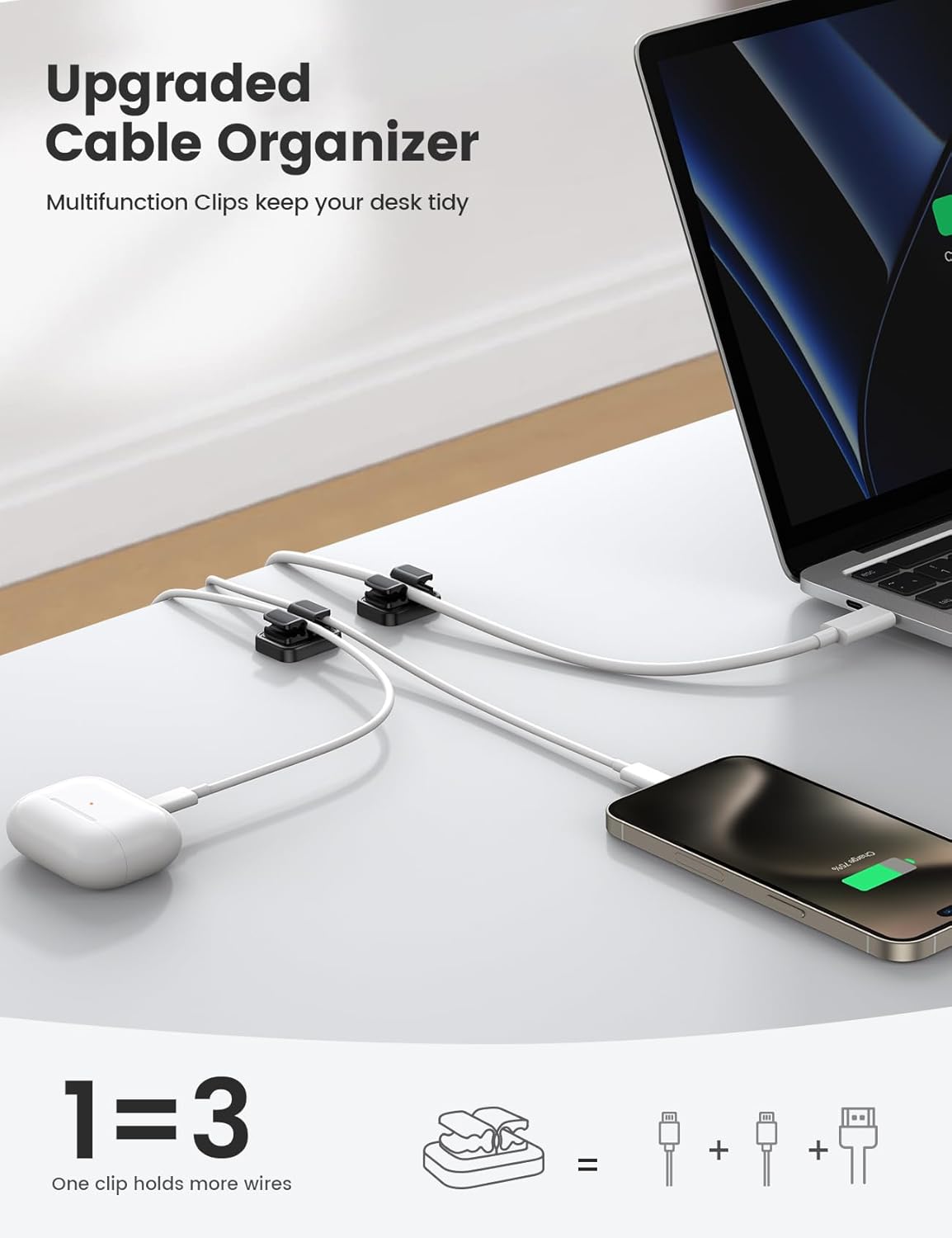 3-in-1 Cord Spring Clip Holder - Lamicall Small Clips for Desk Cable Organizer, Adhesive Adjustable Cable Holder for Charger Wire, USB Cord, Office, Car, Cord Management, Desk Accessories, 6Pcs