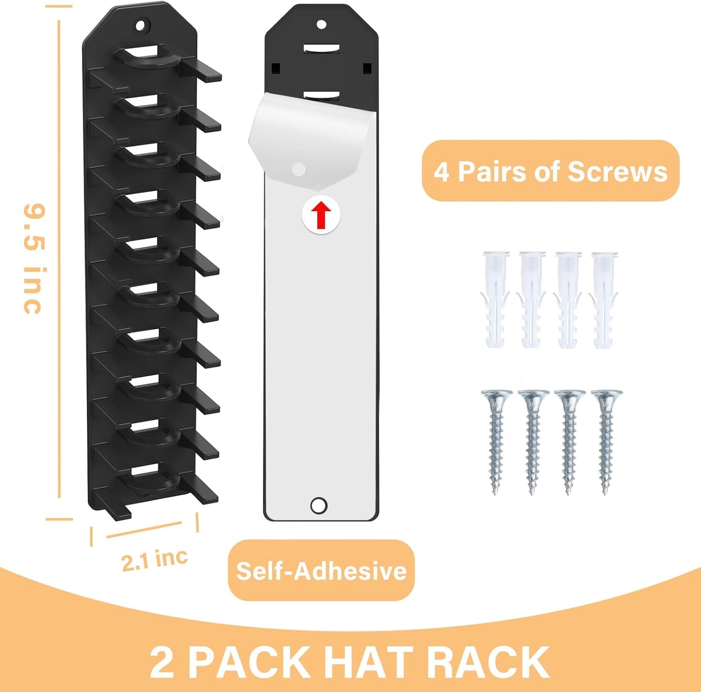 2 Pack Hat Organizer for Baseball Caps,Hat Rack for Wall, Compact Hat Storage Display Holder,Hold Up to 16 Hats,Hat Hanger Strong Adhesive/Wall Drilled for Door,Bedroom,Closet