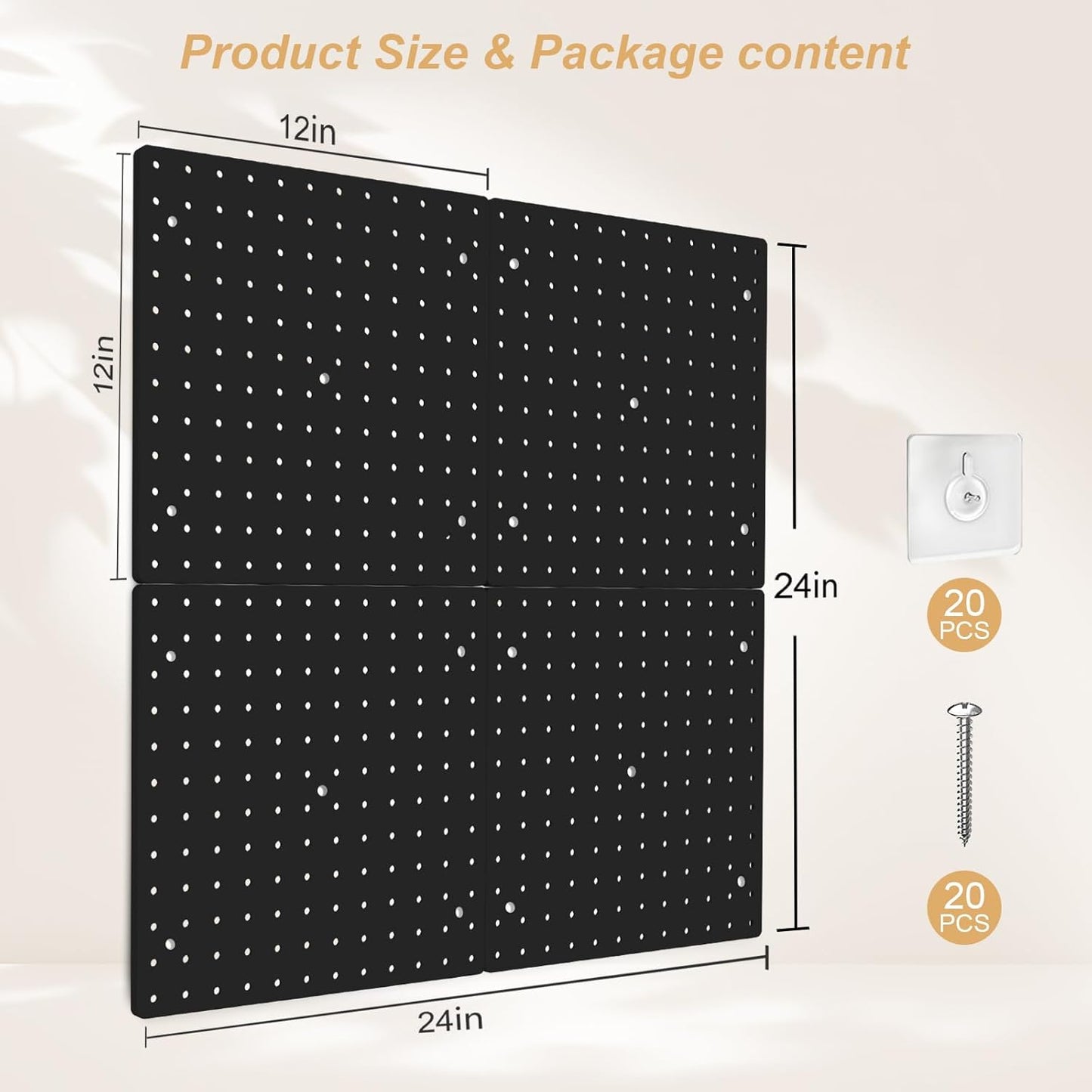 FZK PegBoard,4 Pack Peg Board,ABS Black Pegboard, 24x24inch,Pegboard Wall Organizer, Peg Board for Walls,Plastic pegboard,Suitable for Office Craft Room Kitchen and Item Display