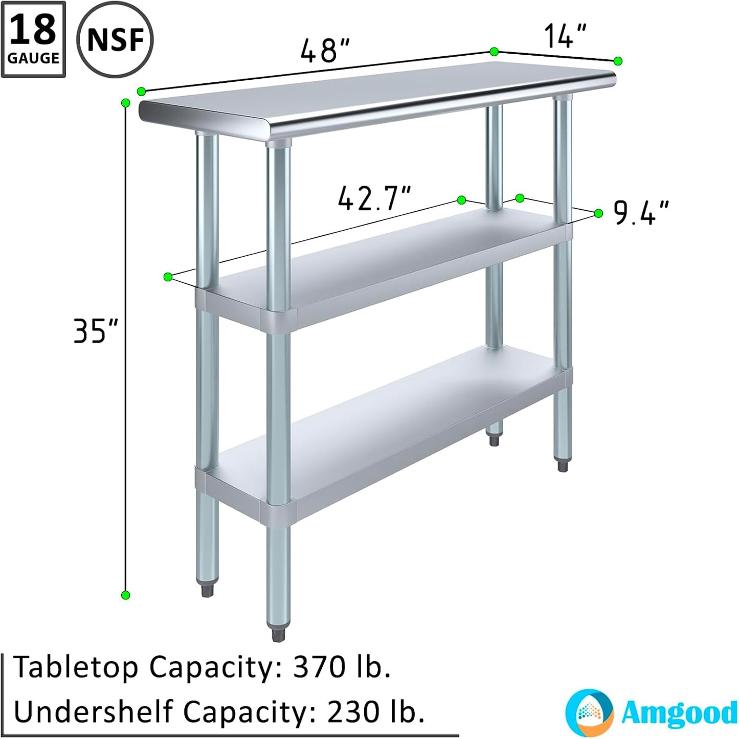 AmGood Stainless Steel Work Table with 2 Shelves | NSF | Metal Utility Table (48" Long x 14" Deep)