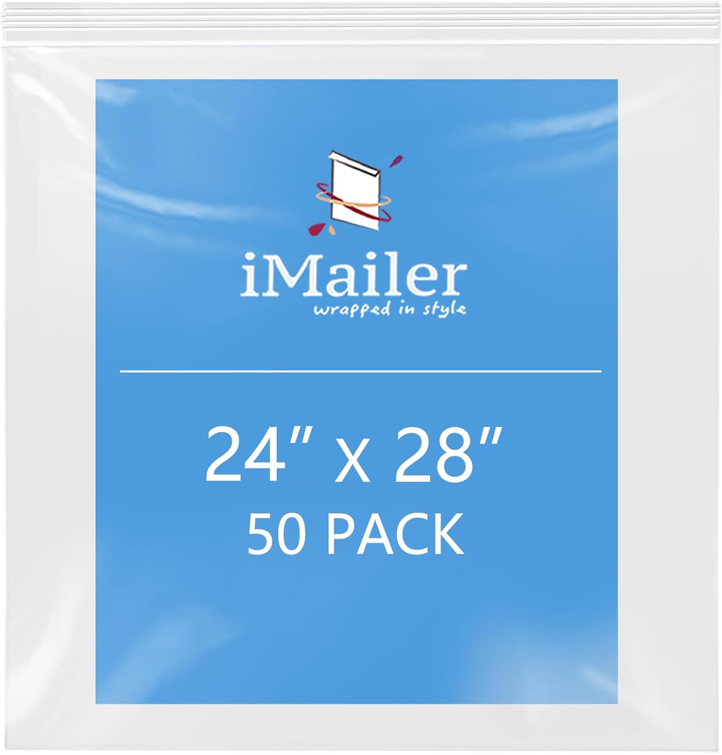 iMailer- 24" x 28" 50 Pack- 2 Mil Resealable Zip Bags- Clear Plastic Bags with Zip Top Lock for Storage, Organizing, Crafts, Travel