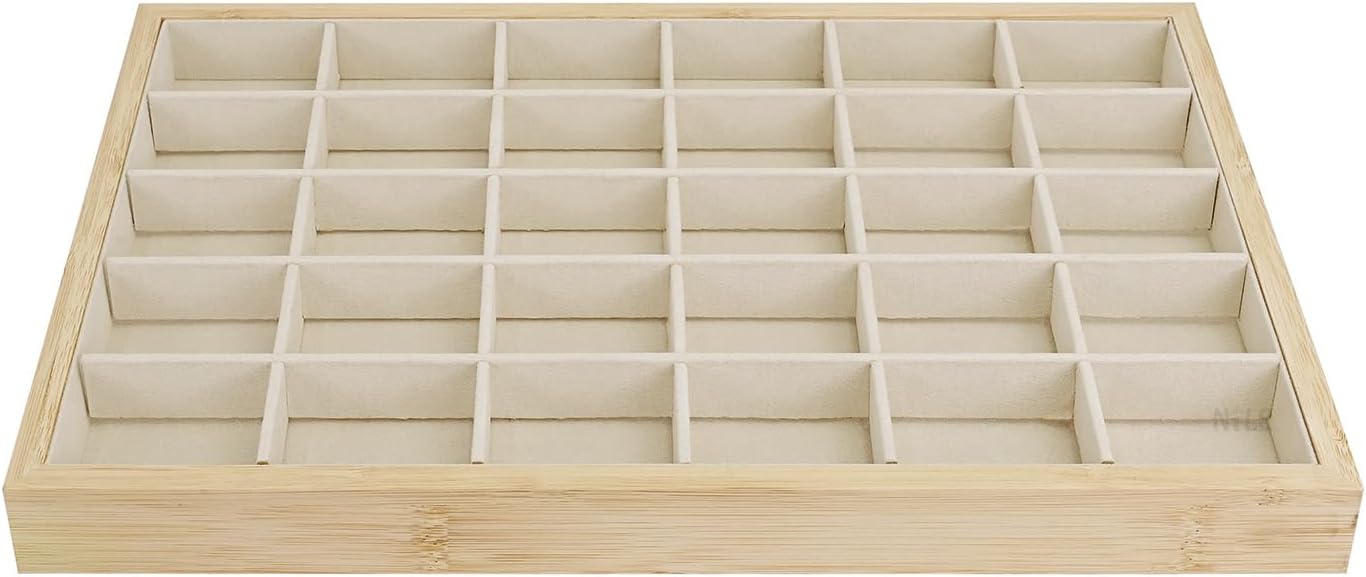 MOOCA 2 Pcs Set Bamboo Jewelry Display Tray Organizer with 30 Compartments for Rings, Earrings, Jewelry, Accessories, and Collectibles items, Oak Color,14" W x 9.6" D x 1.2" H