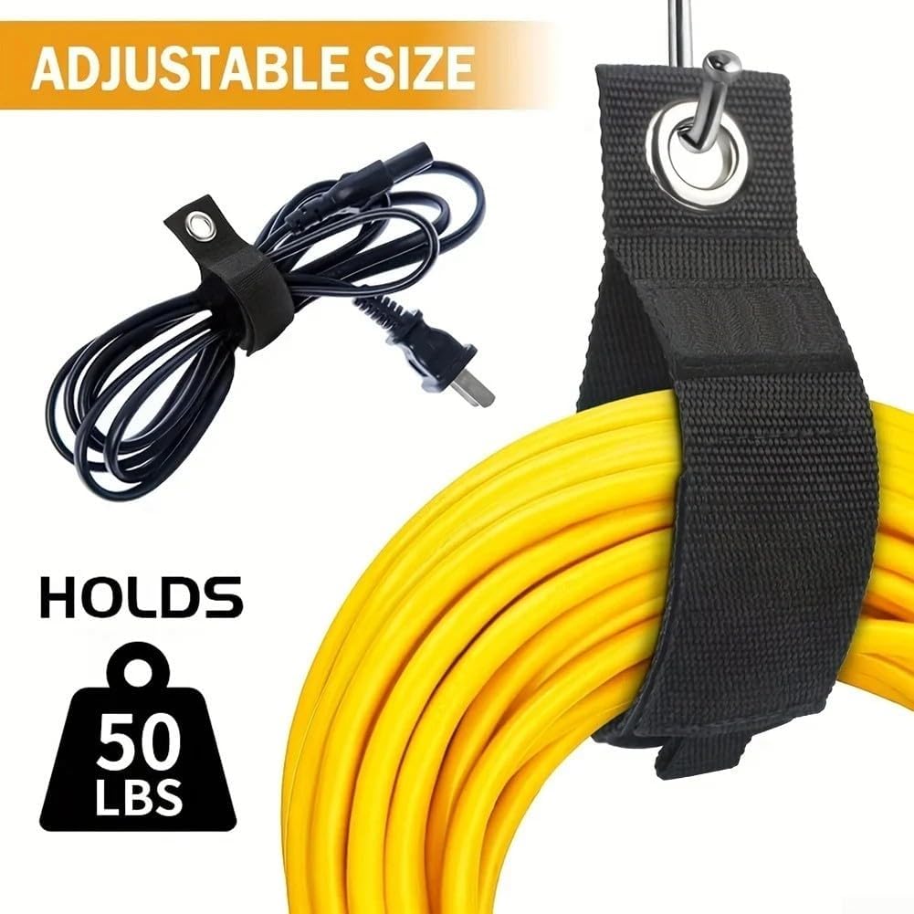 Heavy Duty Extension Cord Holder, Garage Wall Organizer for Cords, RV Storage Strap for Hoses, Workshop Cable Management Tool, Nylon Storage Strap with Grommet, 2PCS Black 5x15cm