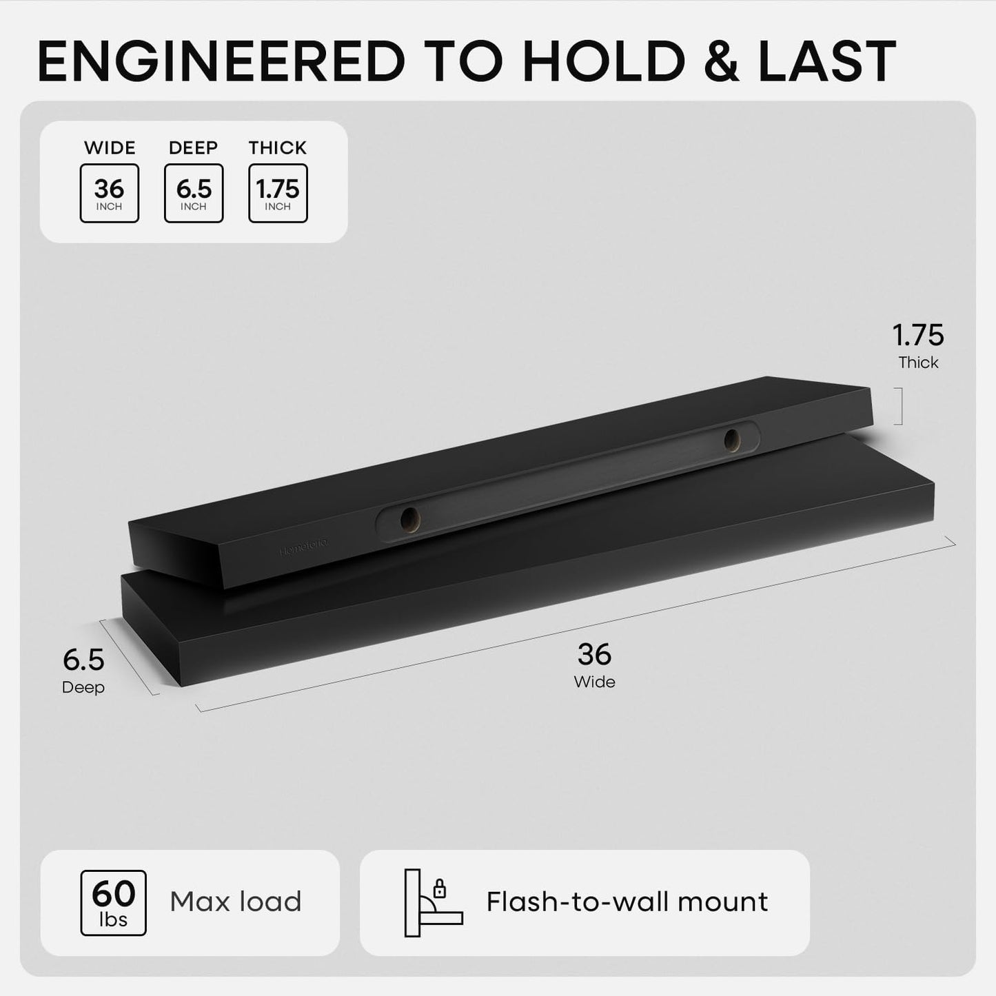 Homeforia Black Floating Shelves 36 inches Long, High End Solid Real Wood 36 inch Floating Shelf for Wall Mounted, Black Wooden 36in Floating Shelves, Heavy Duty Bracket, 36 X 6.5 X 1.75 in, Set of 2