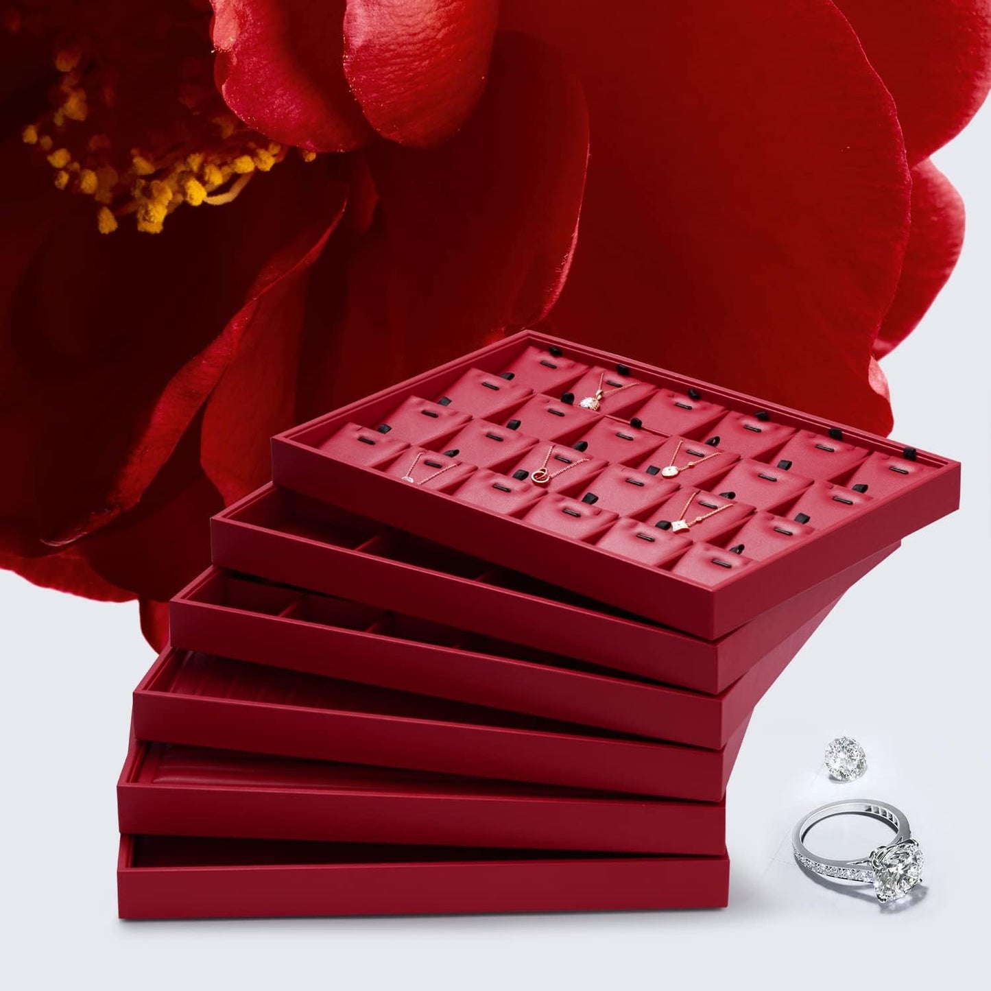 Oirlv Gorgeous Red Leather 24 Gird Jewelry Tray Stackable Jewelry Drawer Organizer Rings Earrings Organizer Storage