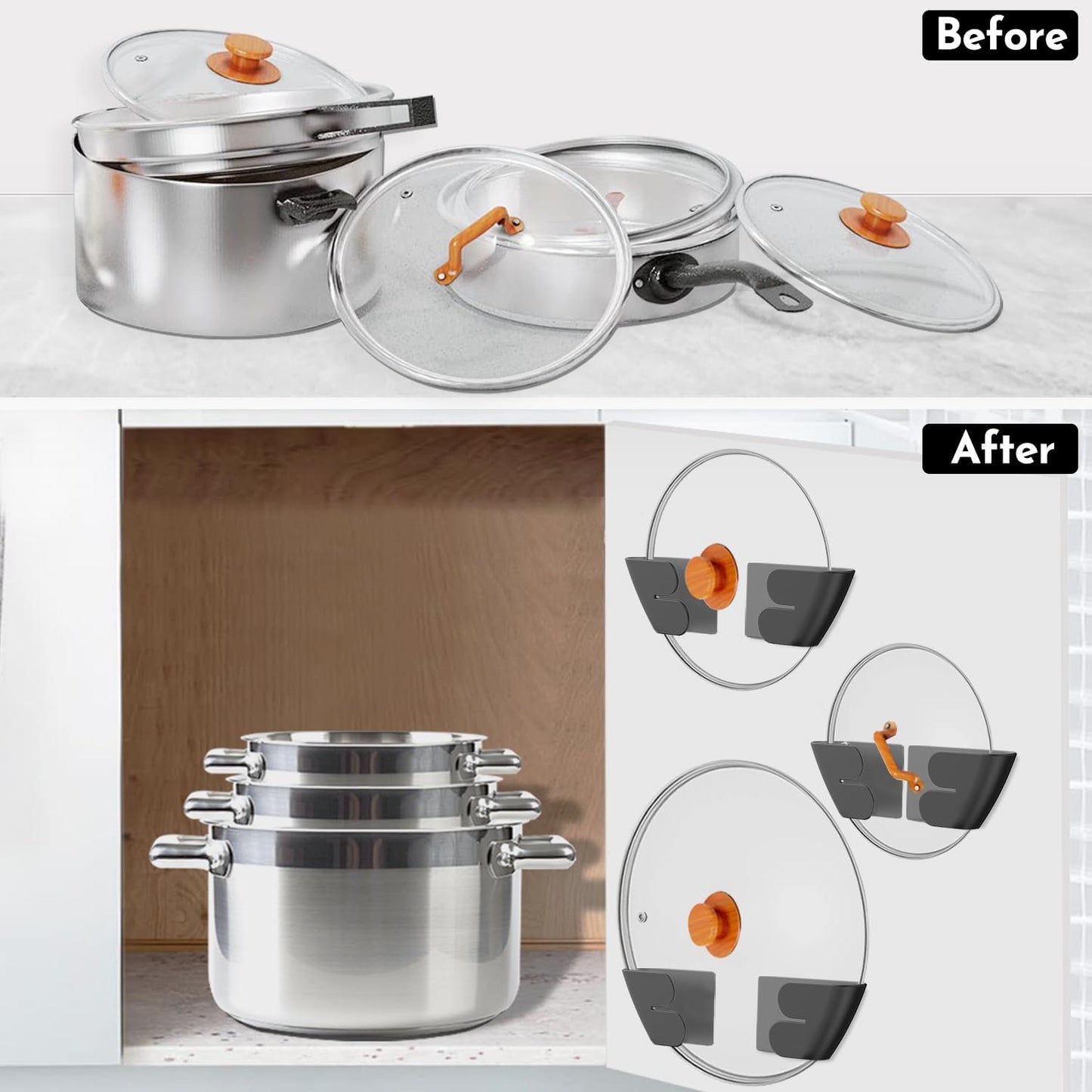Universal Adjustable Pot Lid Organizer for Cabinet - Upgraded Patented Set of 8 Pan Lids Organizers Inside Cabinet Door Wall Mount Pots Top Holder for Kitchen Cupboard, Fits 6" to 14" (Black)