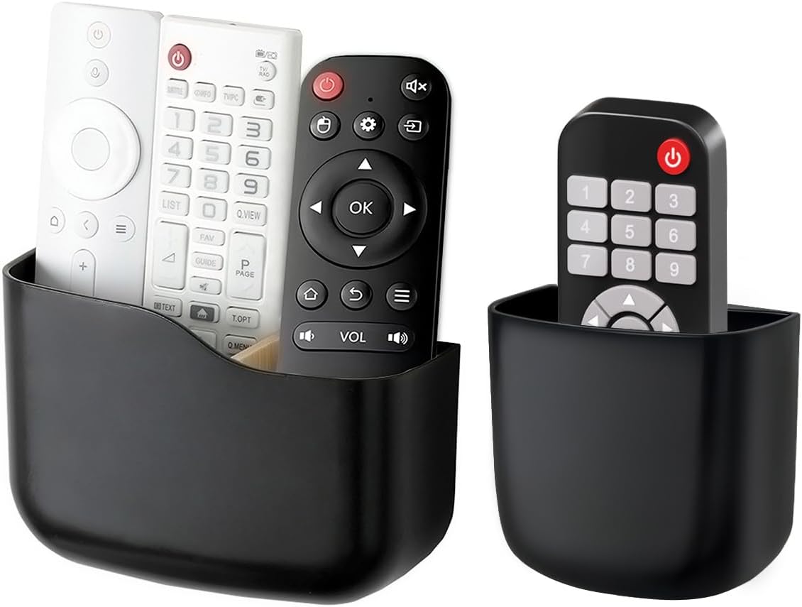 Remote Holder Wall Mount TV FAN Remote Control Holder Bedside Caddy Wall Organizer Phone Holder for Office Adhesive Media Player Controller Holder Box Tray Home Desk Nightstand Black 1 Big 1 Small