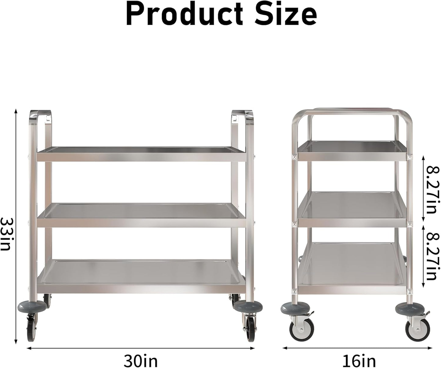 uyoyous 3 Tier Stainless Steel Utility Cart Commercial Serving cart with 360°Rotation Wheels Kitchen Island Load Up 400 lbs Stainless Steel Work Cart for Hotel Restaurant Home 30" L x 16" W x 33" H