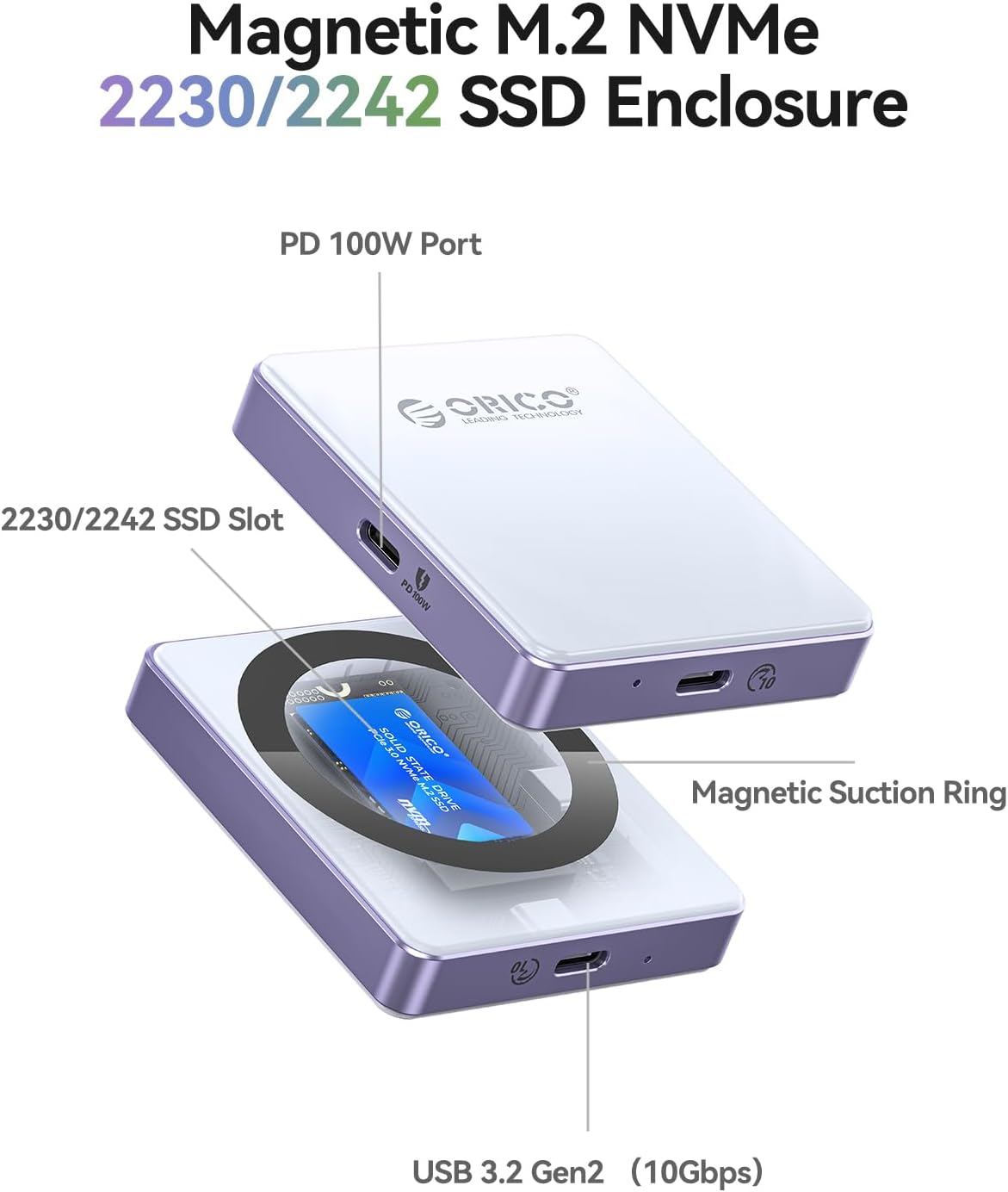 ORICO 10Gbps Magnetic M.2 NVMe SSD Enclosure with PD100W Charging Port 4K ProRes Recording Max 2TB for iPhone 17/16/15 Pro/Pro Max/Plus Support SSD Size 2230/2242 B+M M-Key Diskless AP42P (Black)