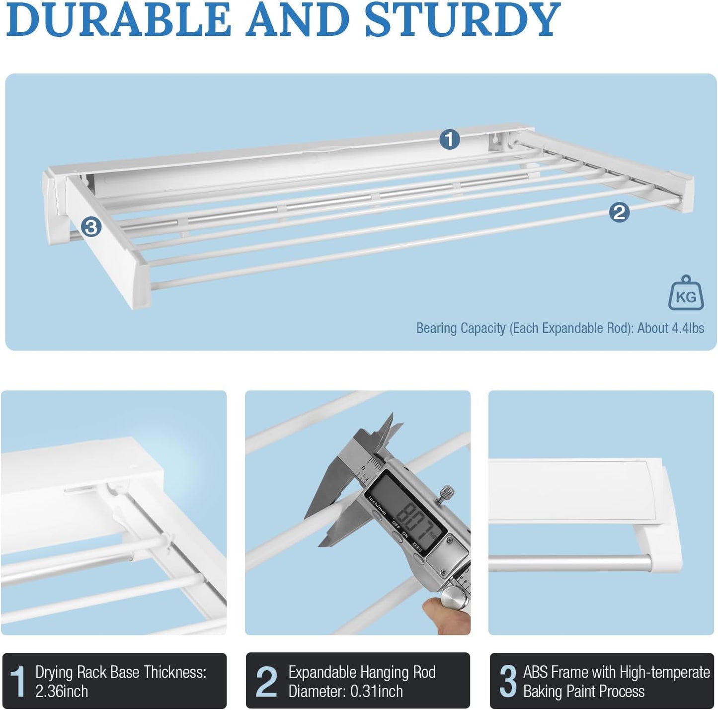 Wall Mounted Drying Rack, Foldable Wall Mount Laundry Rack Folding Indoor Drying Rack Clothing Collapsible with 4 Moveable Hooks and 7 Aluminum Drying Rods for Indoor Outdoor Hanging Clothes