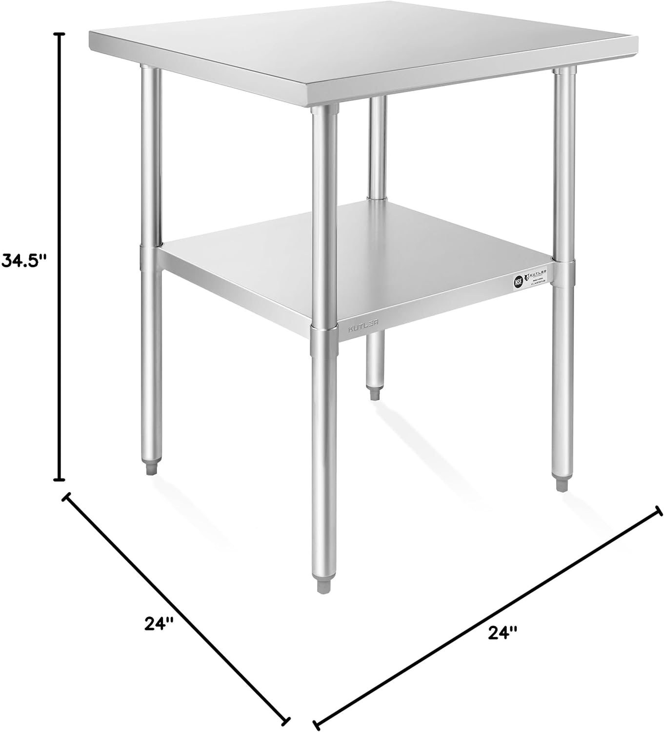 KUTLER Stainless Steel Table 24 x 24 Inches, NSF Heavy Duty Commercial Kitchen Prep and Work Table with Undershelf for Restaurant, Hotel, Home