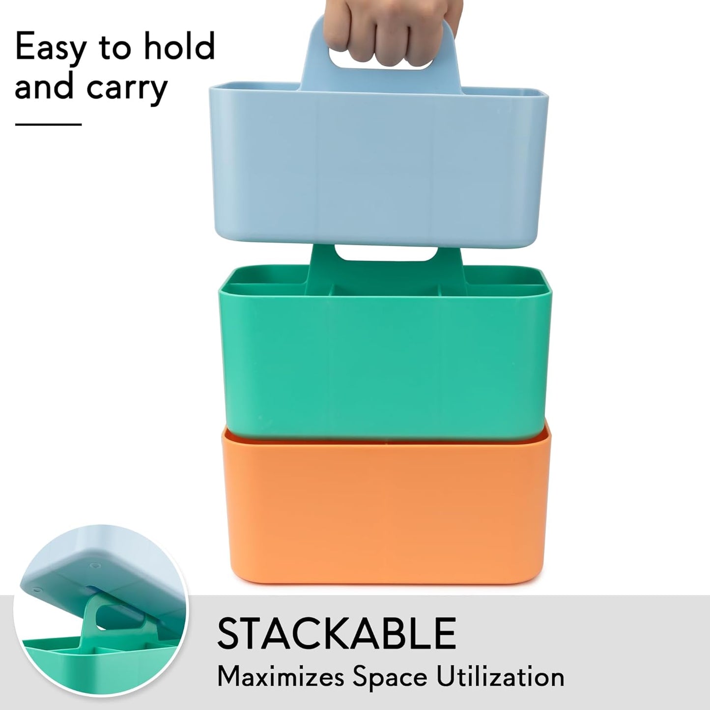 Tiawudi 2 Pack Plastic Caddy with Handle, Stackable Storage Organization for Cleaning, Bath, Makeup, Art, Craft, Stationery, Classroom and Office, Portable Tote Organizer
