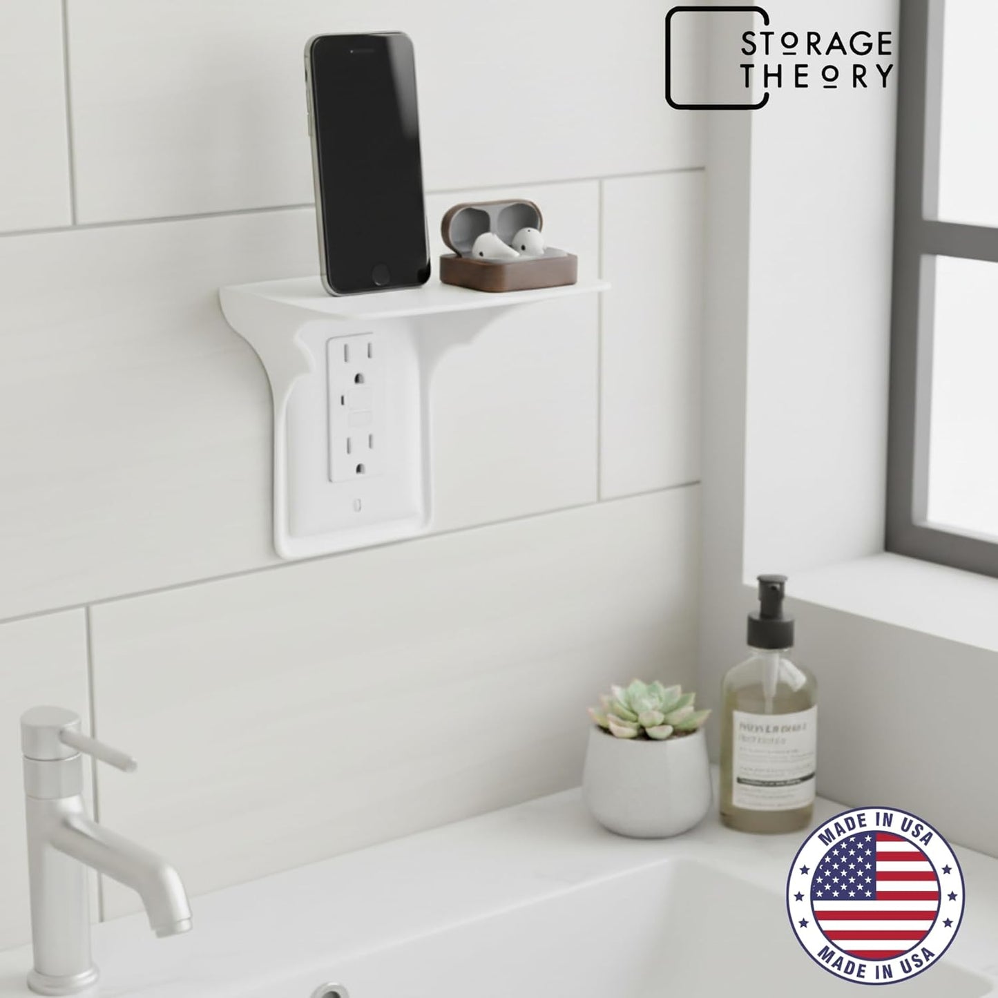 BeraTek Power Perch Wall Outlet Shelf with Cord Storage Strap - Declutter & Reclaim Bathroom Counter Space - Echo Dot Stand, Homepod Mini Wall Mount, Smart Home Devices Organizer - White, 2-Pack