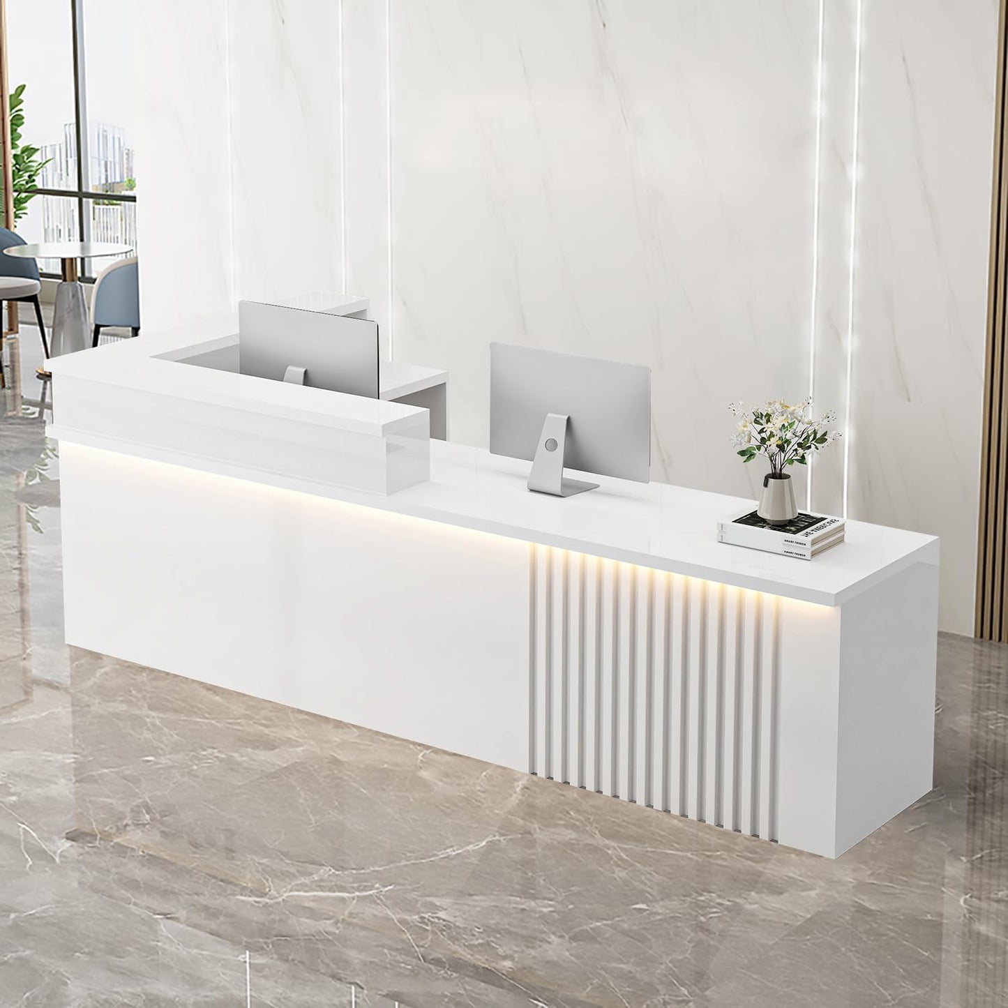 Receptionist Desk with LED Light，Wooden Salon Checkout Counter with Storage Drawer & Keyboard Tray Modern L-Shaped Reception Desk for Barbershop Office Company Store
