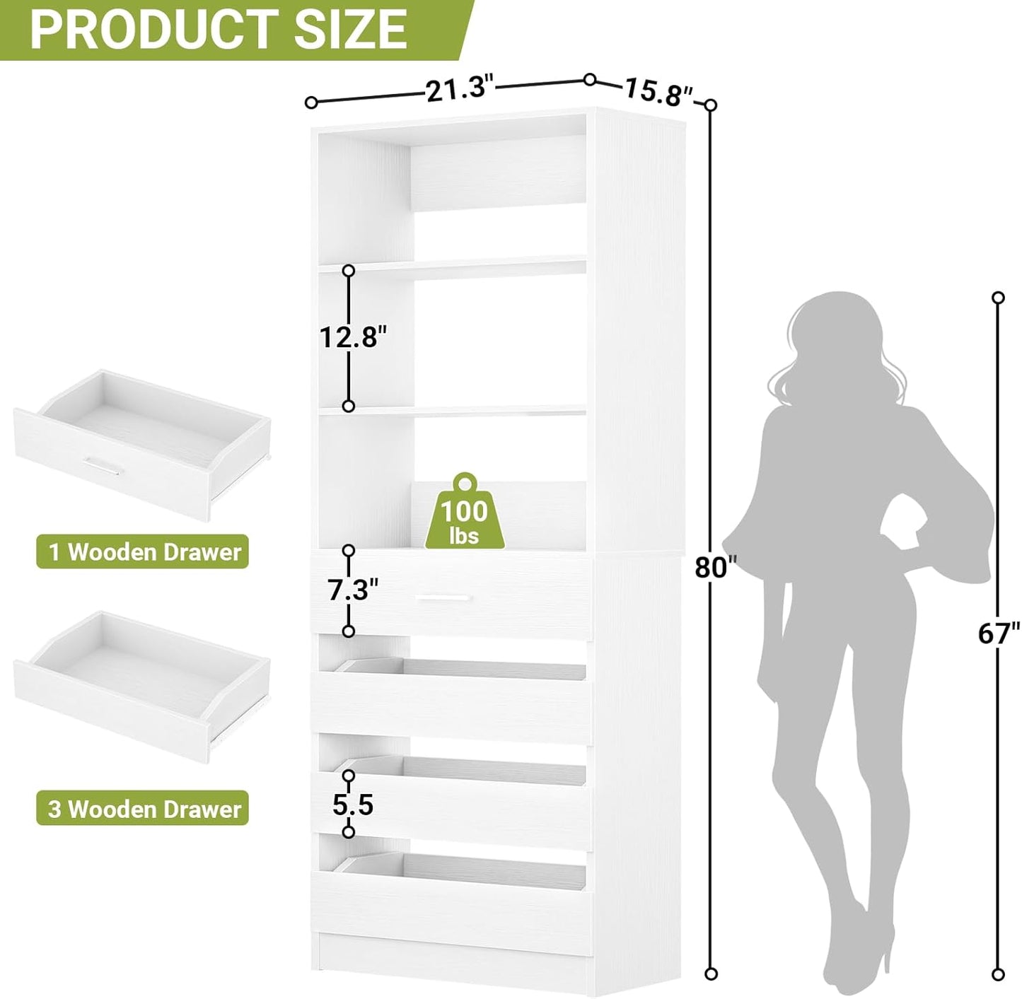 Aheaplus 21.3" Closet System with 4 Drawers, Wood Closet Organizer with Open Shelves, Modular Drawers System Tower, Walk-in Closets Small Wardrobe Rack, Tall Storage Cabinet Unit, White