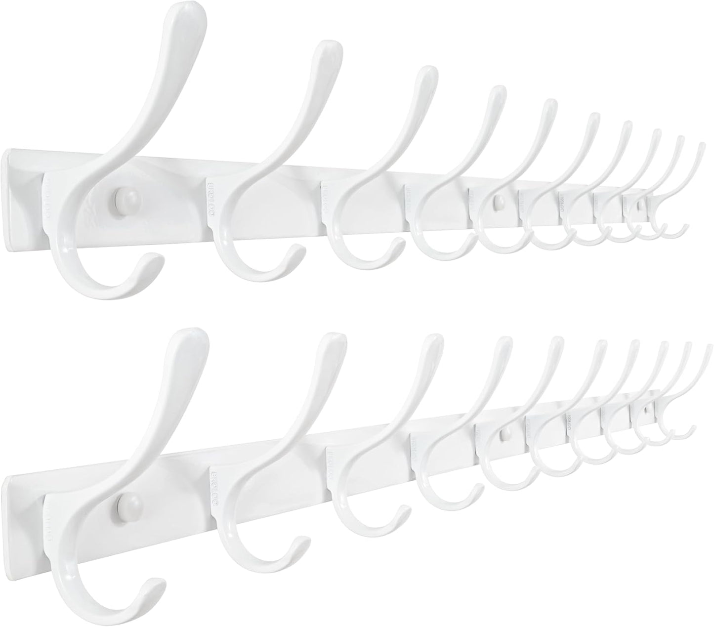 SKOLOO Coat Rack Wall Mounted - 10 Hooks, Pack of 2, Heavy Duty, Stainless Steel, Metal Wall Hangers, Sturdy Coat Hooks for Hanging Coats, Jacket, Clothes, Hat, White