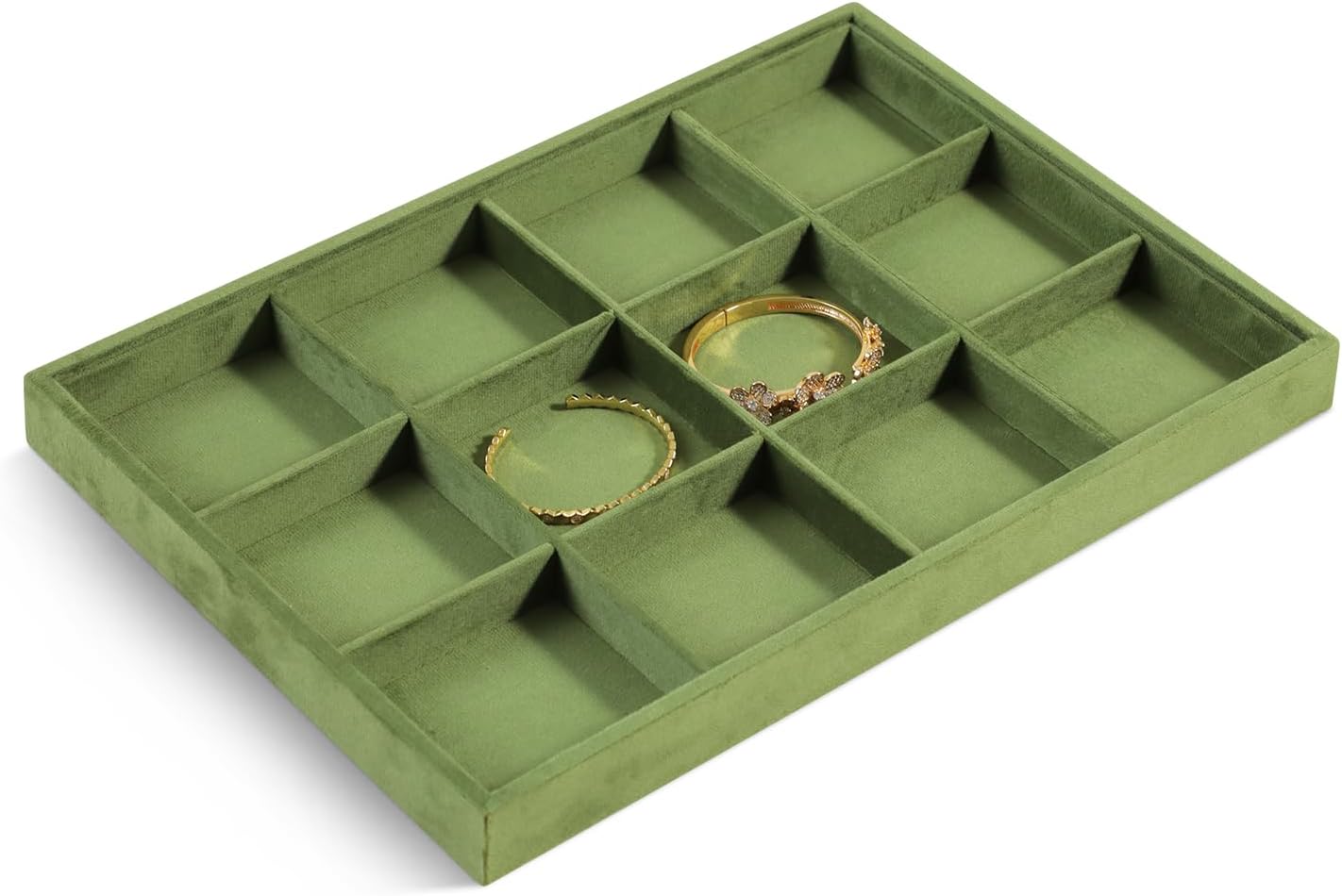 Velvet Stackable Jewelry Display Tray, 12 Grid Watch Bangle Bracelet Storage Tray, Makeup Drawer Insert Jewelry Shop Organizer Plate (Olive Green)