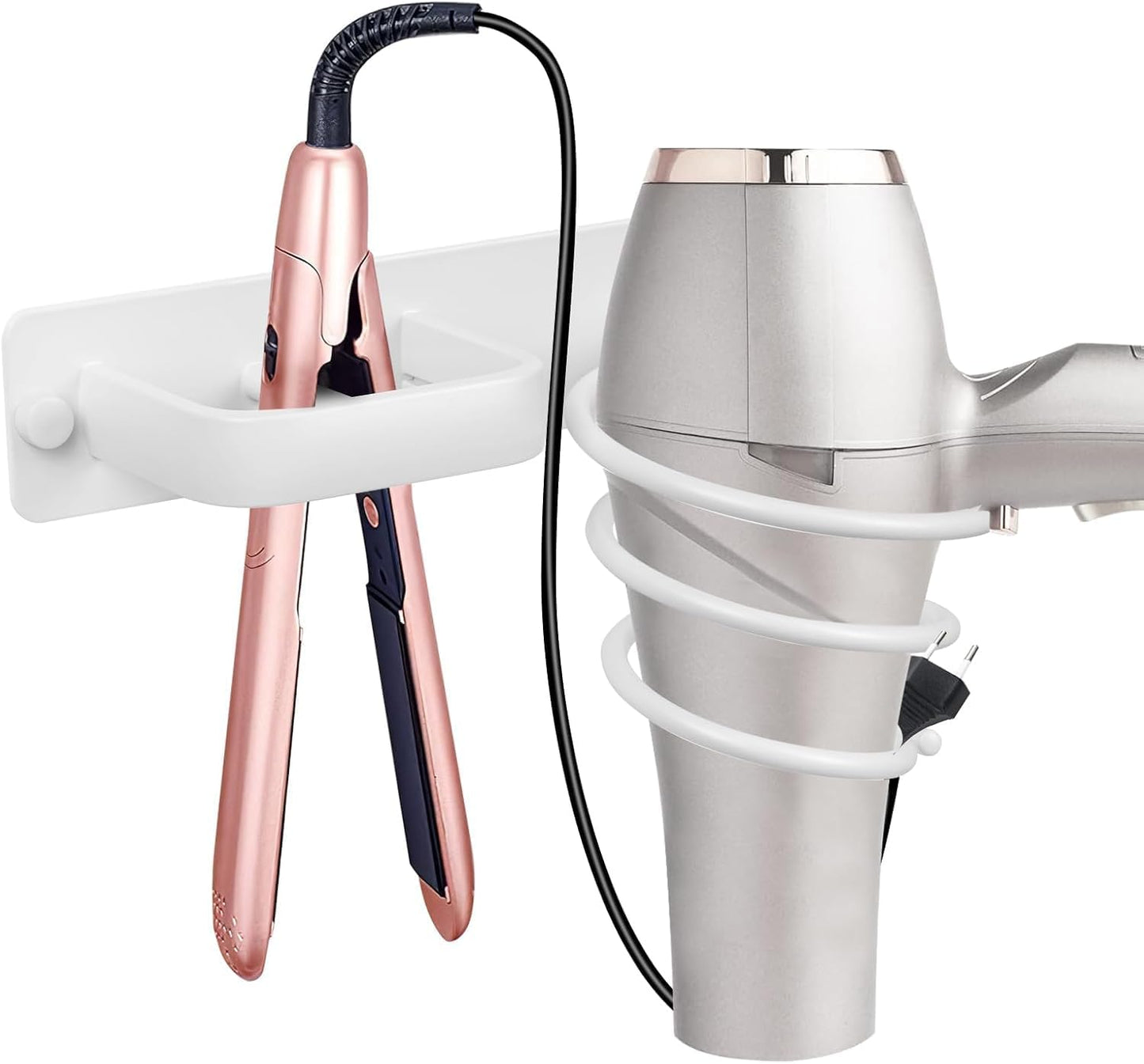 YUET Hair Dryer Holder Hairdryer Straightener Station Wall Mounted Metal Spiral Shelf Bracket Stand Hanger Organizer Blow Storage With Cable Tidy Rack For Dressing Table Bathroom Professional (White)